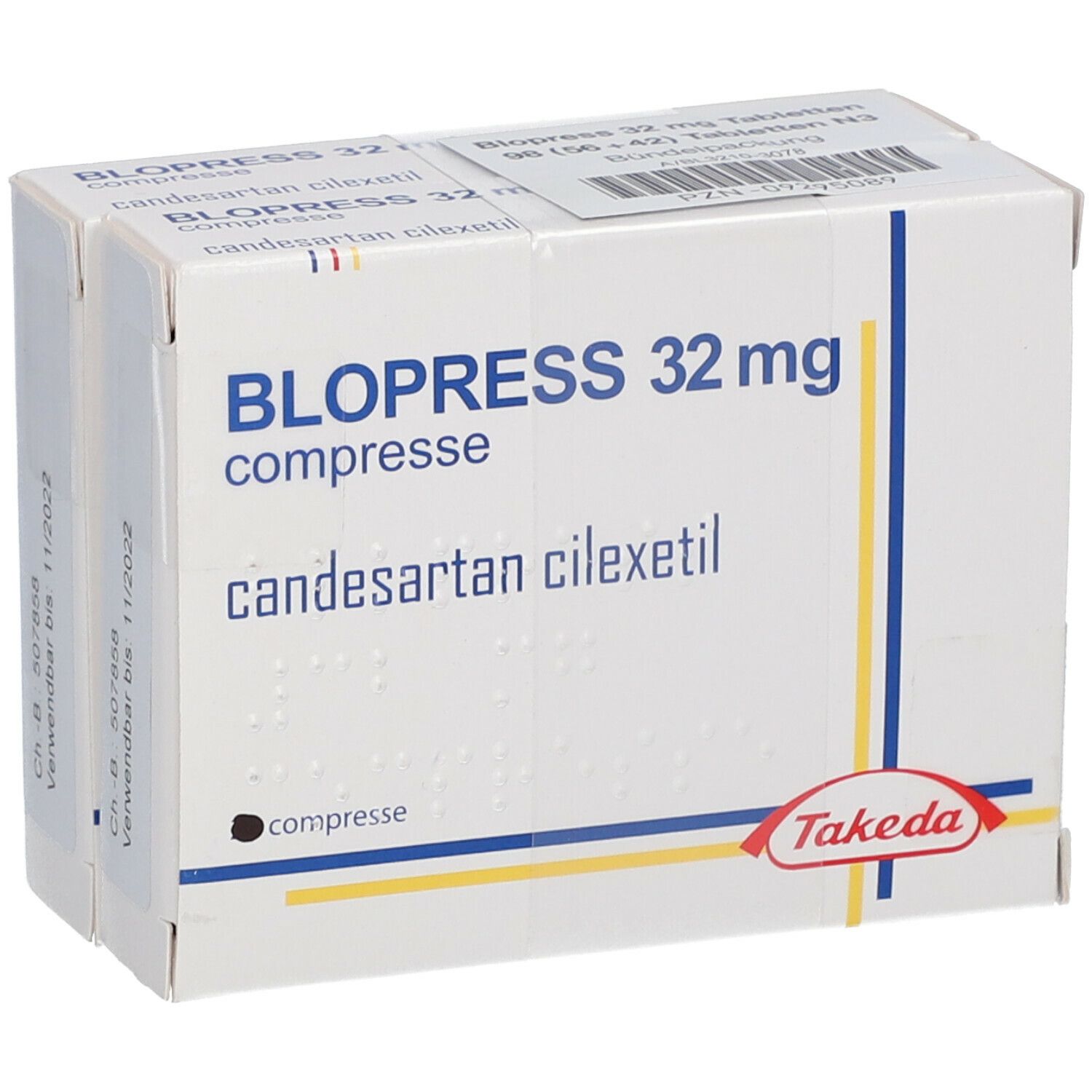 Zwei Blopress 32 mg Tabletten-Packungen. Aufschrift: Blopress 32 mg, candesartan cilexetil. Takeda-Logo.