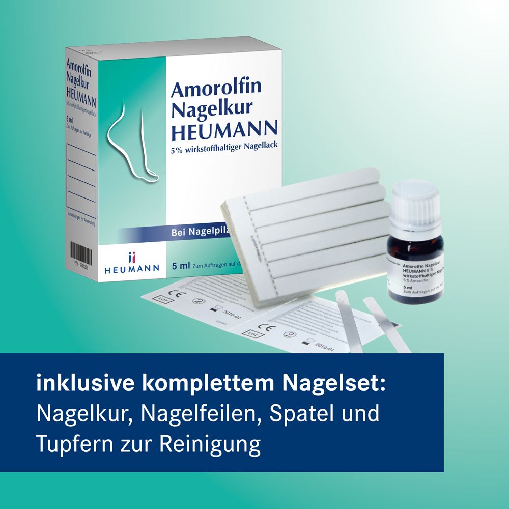 Amorolfin Nagelkur Heumann Packung mit Zubehör: Nagelfeilen, Spatel, Tupfer. 5 ml. Bei Nagelpilz. Heumann Logo.