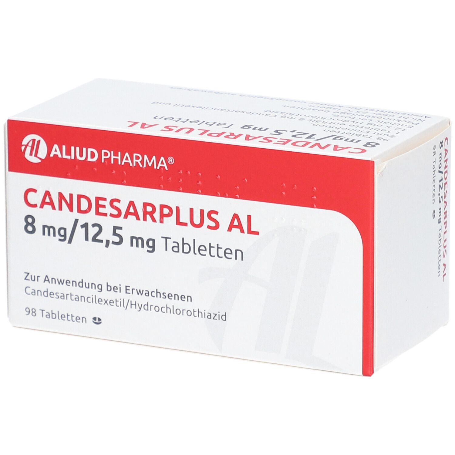 Weiße Tablettenbox mit roter Beschriftung. Aufschrift: Candesarplus AL 8 mg/12,5 mg Tabletten. AL-Logo. 98 Tabletten.