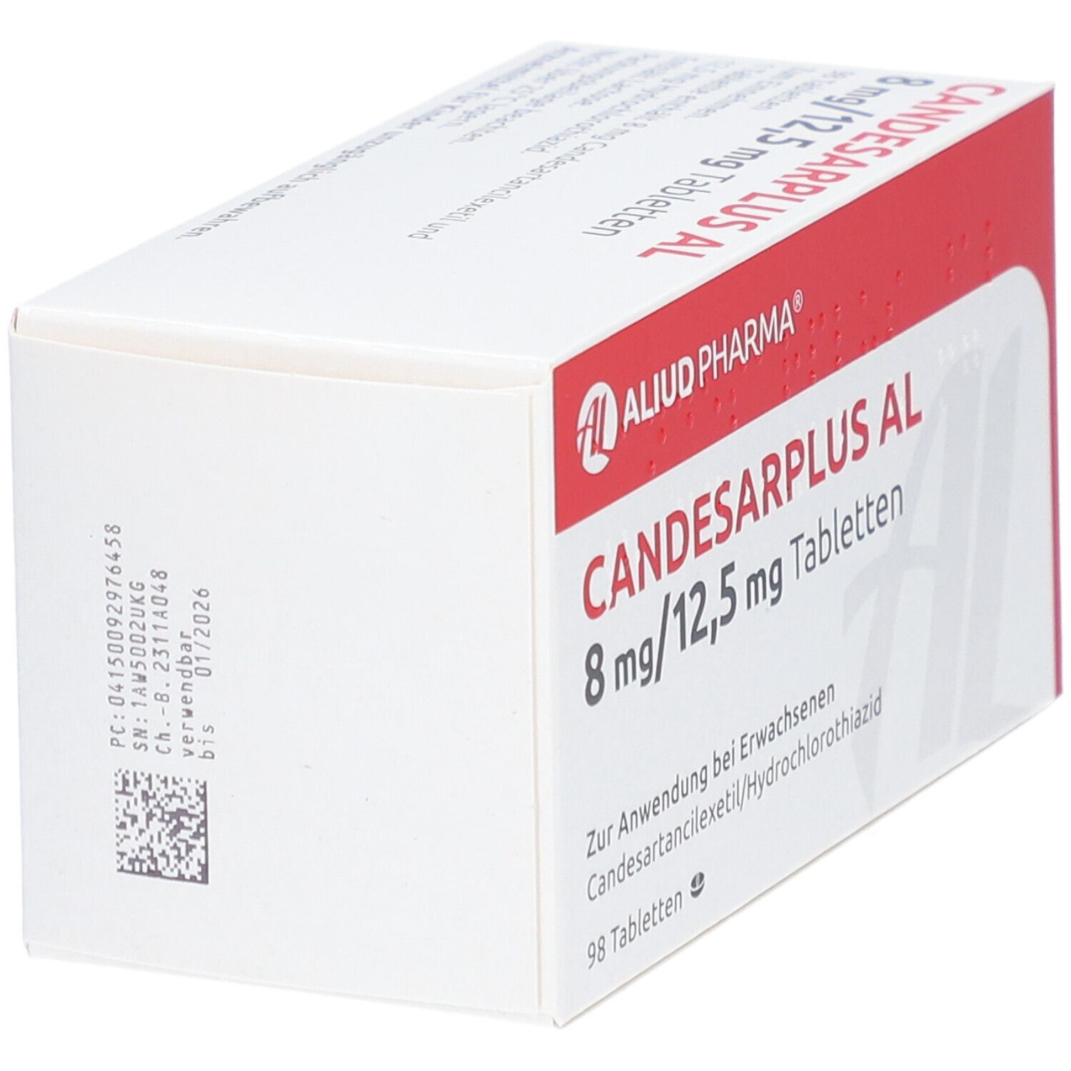 Weiße Tablettenbox mit roter Beschriftung. Aufschrift: Candesarplus AL 8 mg/12,5 mg Tabletten. AL-Logo. 98 Tabletten.