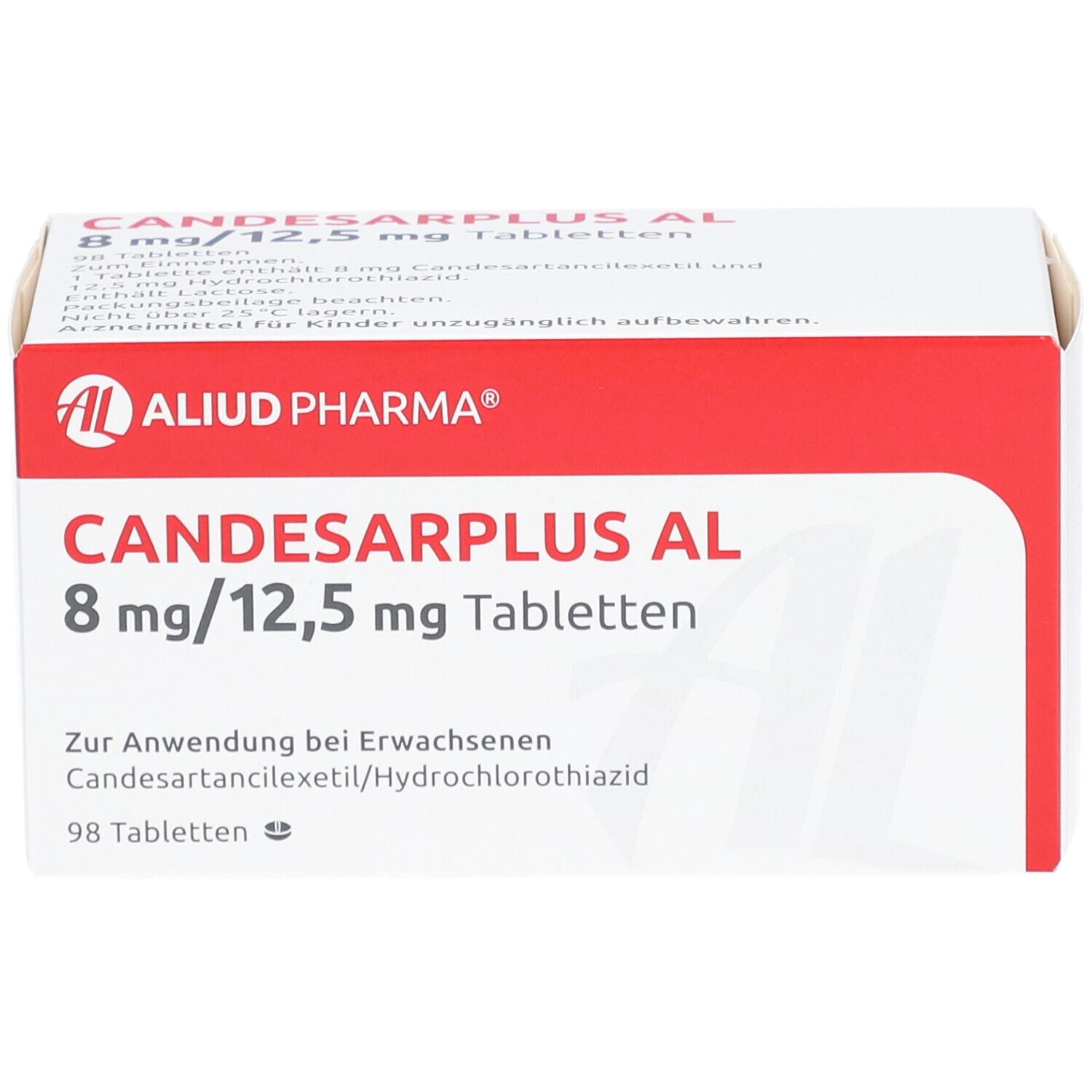 Weiße Tablettenbox mit roter Beschriftung. Aufschrift: Candesarplus AL 8 mg/12,5 mg Tabletten. AL-Logo. 98 Tabletten.