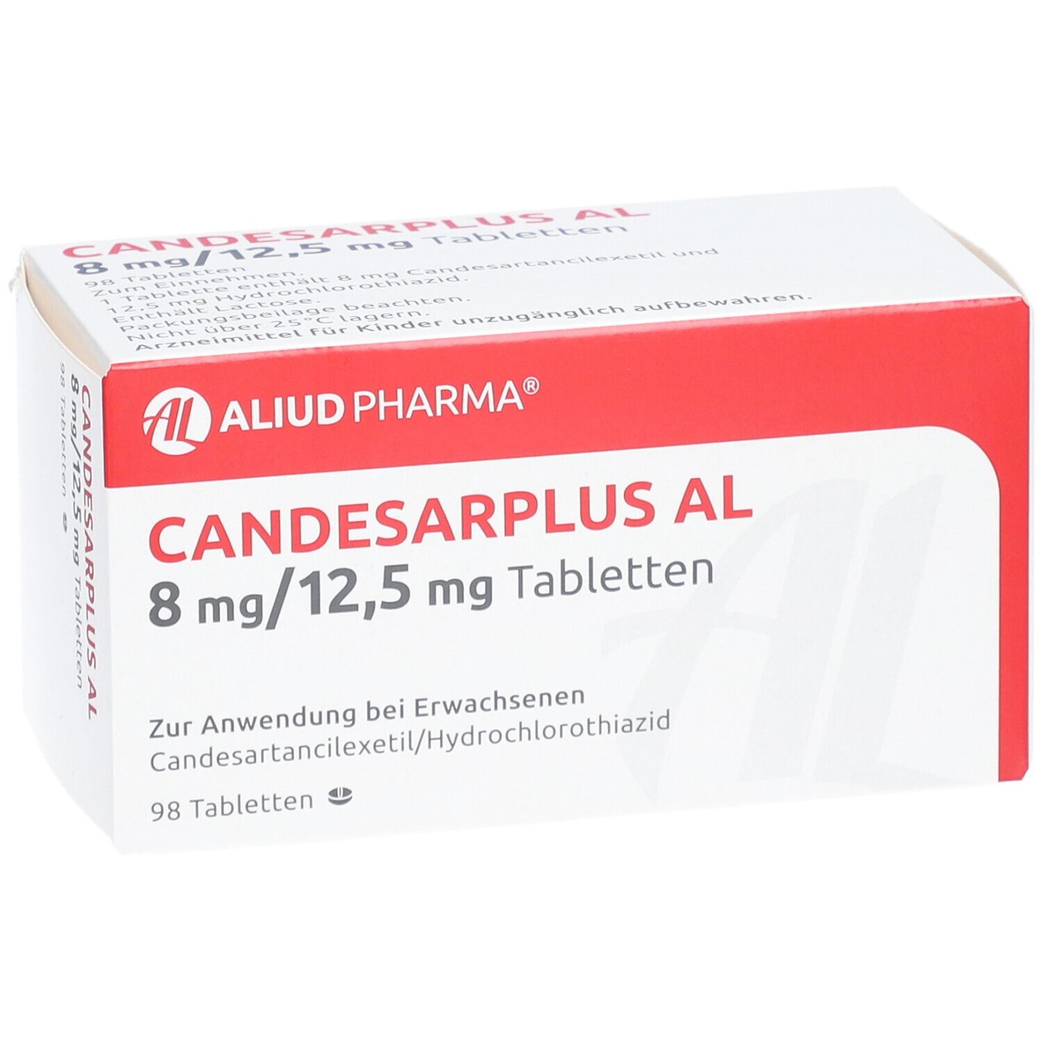 Weiße Tablettenbox mit roter Beschriftung. Aufschrift: Candesarplus AL 8 mg/12,5 mg Tabletten. AL-Logo. 98 Tabletten.