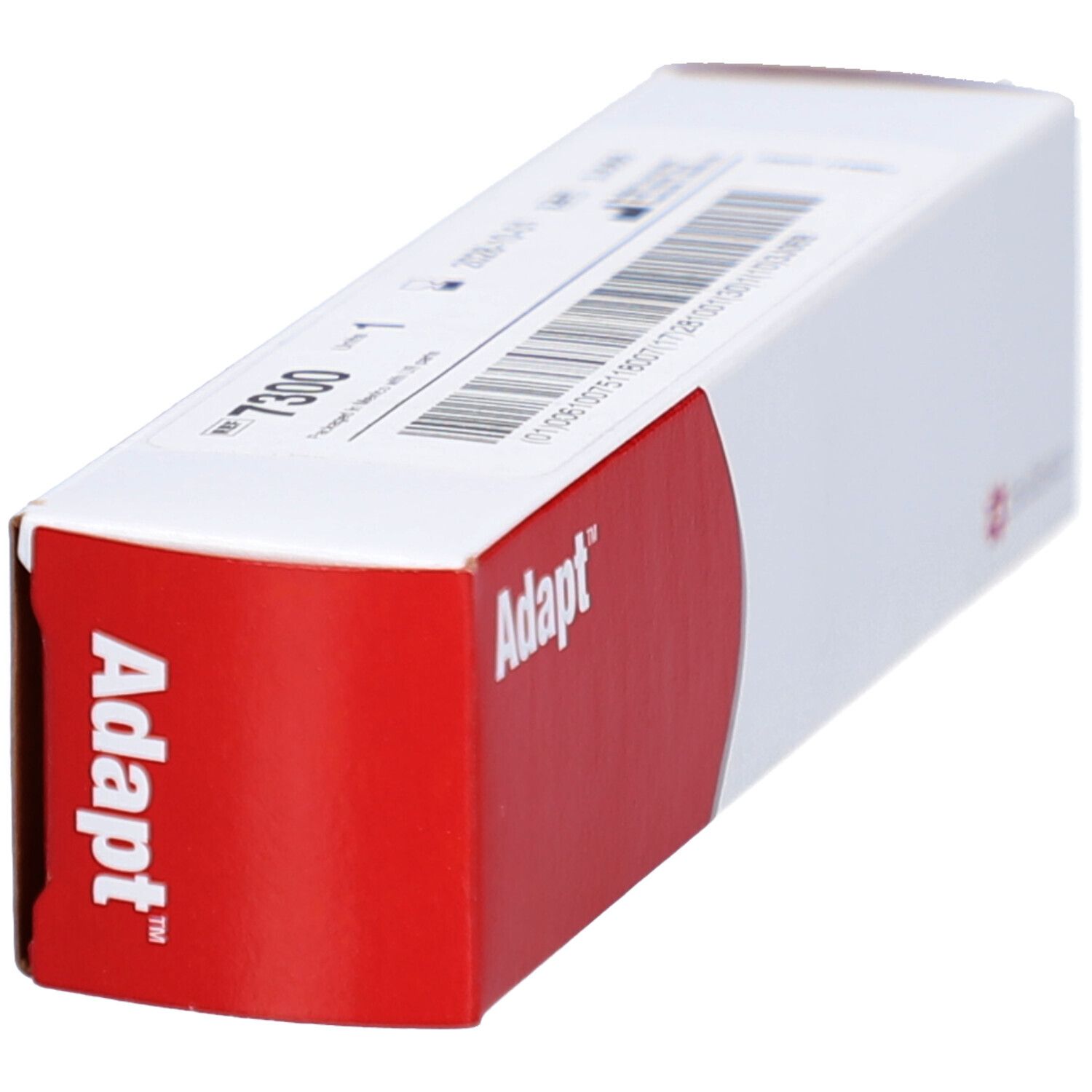 Schräg liegende weiße Verpackung mit roter Fläche und "Adapt"-Schriftzug. Logo von Hollister. Barcode.