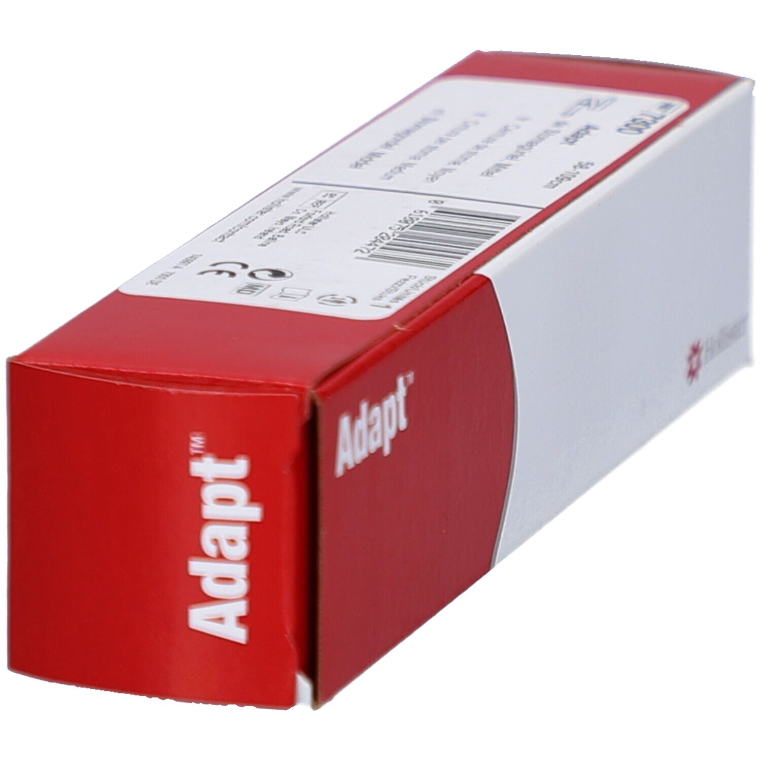 Schräg liegende weiße Verpackung mit roter Fläche und "Adapt"-Schriftzug. Logo von Hollister. Barcode.
