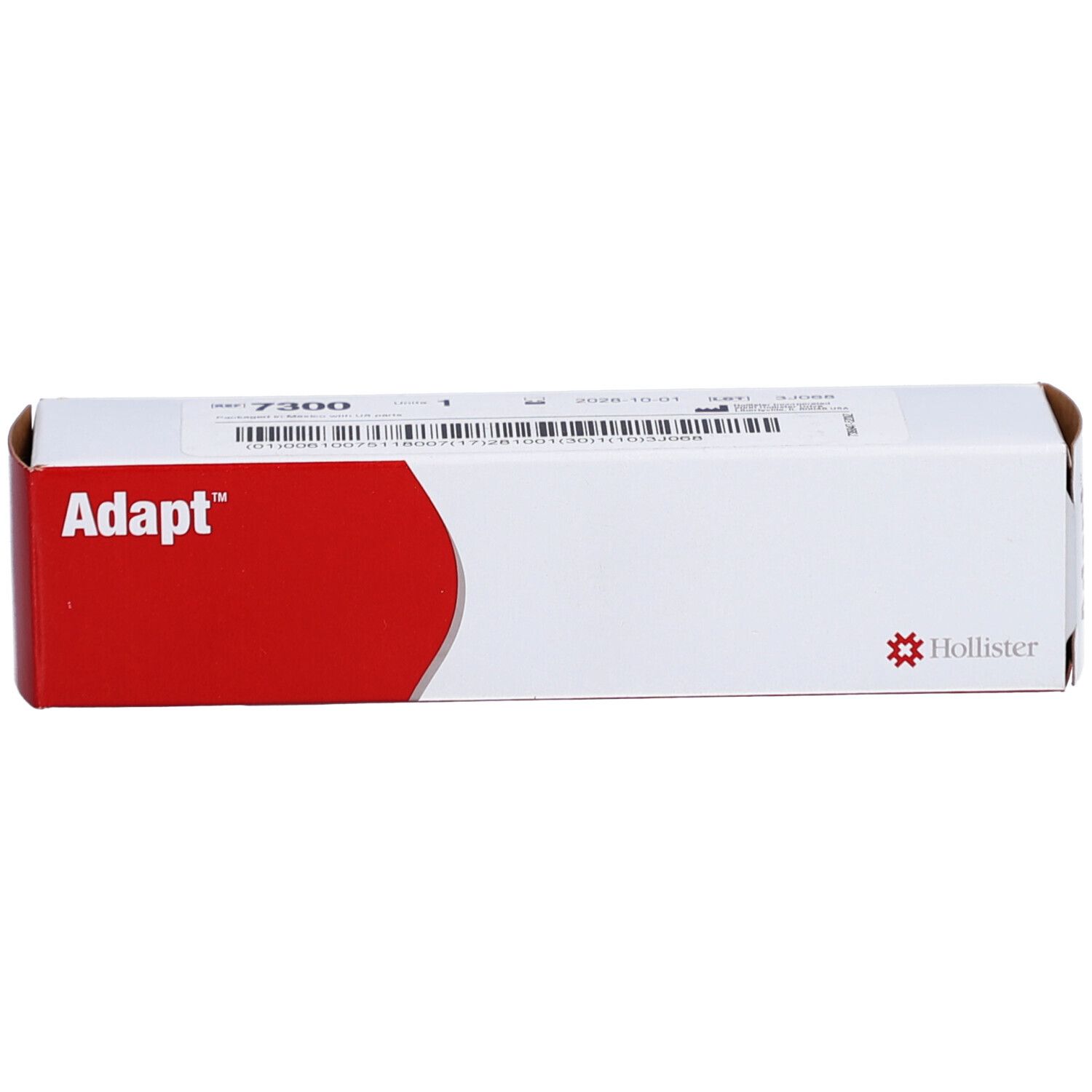 Weiße rechteckige Verpackung mit roter Fläche und "Adapt"-Schriftzug. Logo von Hollister. Barcode.
