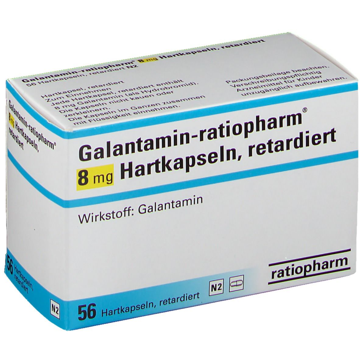 Schachtel mit Galantamin-ratiopharm® 8 mg Hartkapseln, retardiert. Aufschrift: 56 Hartkapseln. Marke: ratiopharm.
