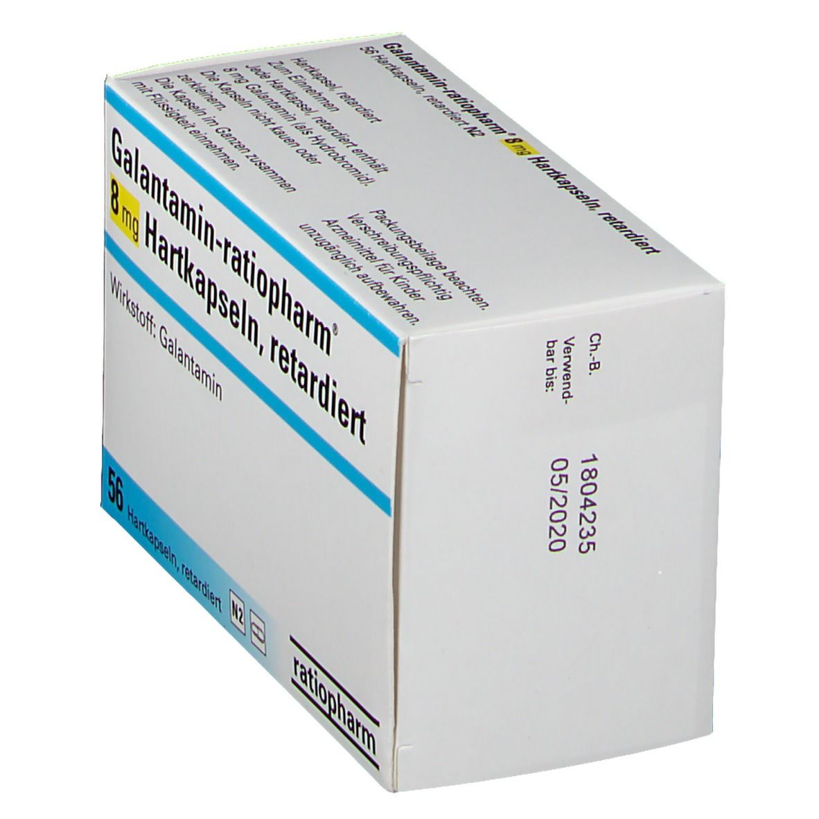 Schachtel mit Galantamin-ratiopharm® 8 mg Hartkapseln, retardiert. Aufschrift: 56 Hartkapseln. Marke: ratiopharm. Verfallsdatum: 05/2020.