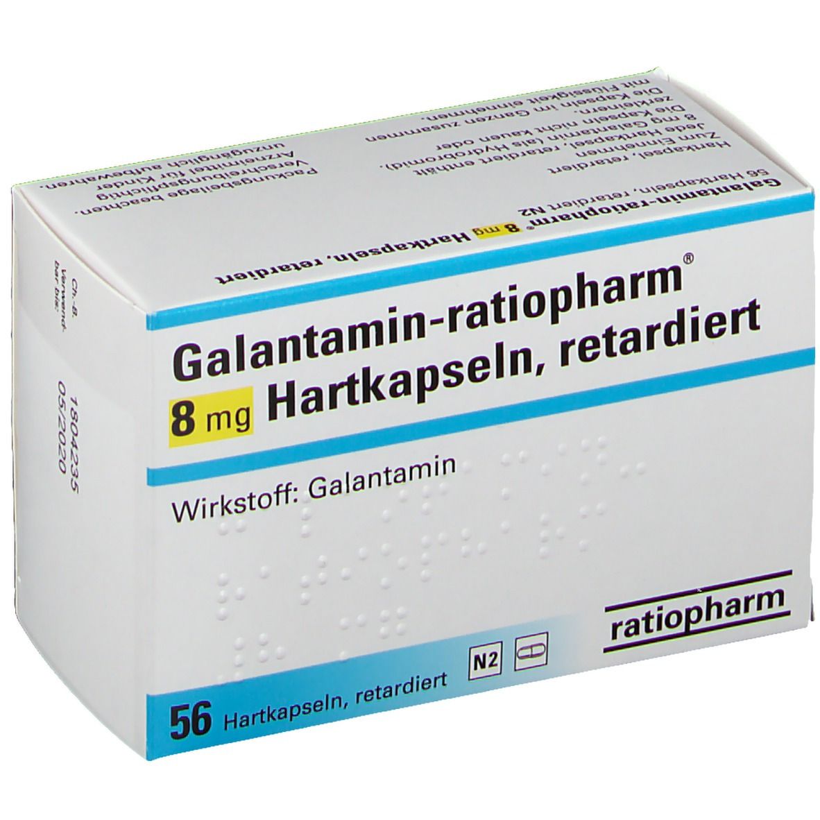 Schachtel mit Galantamin-ratiopharm® 8 mg Hartkapseln, retardiert. Aufschrift: 56 Hartkapseln. Marke: ratiopharm.