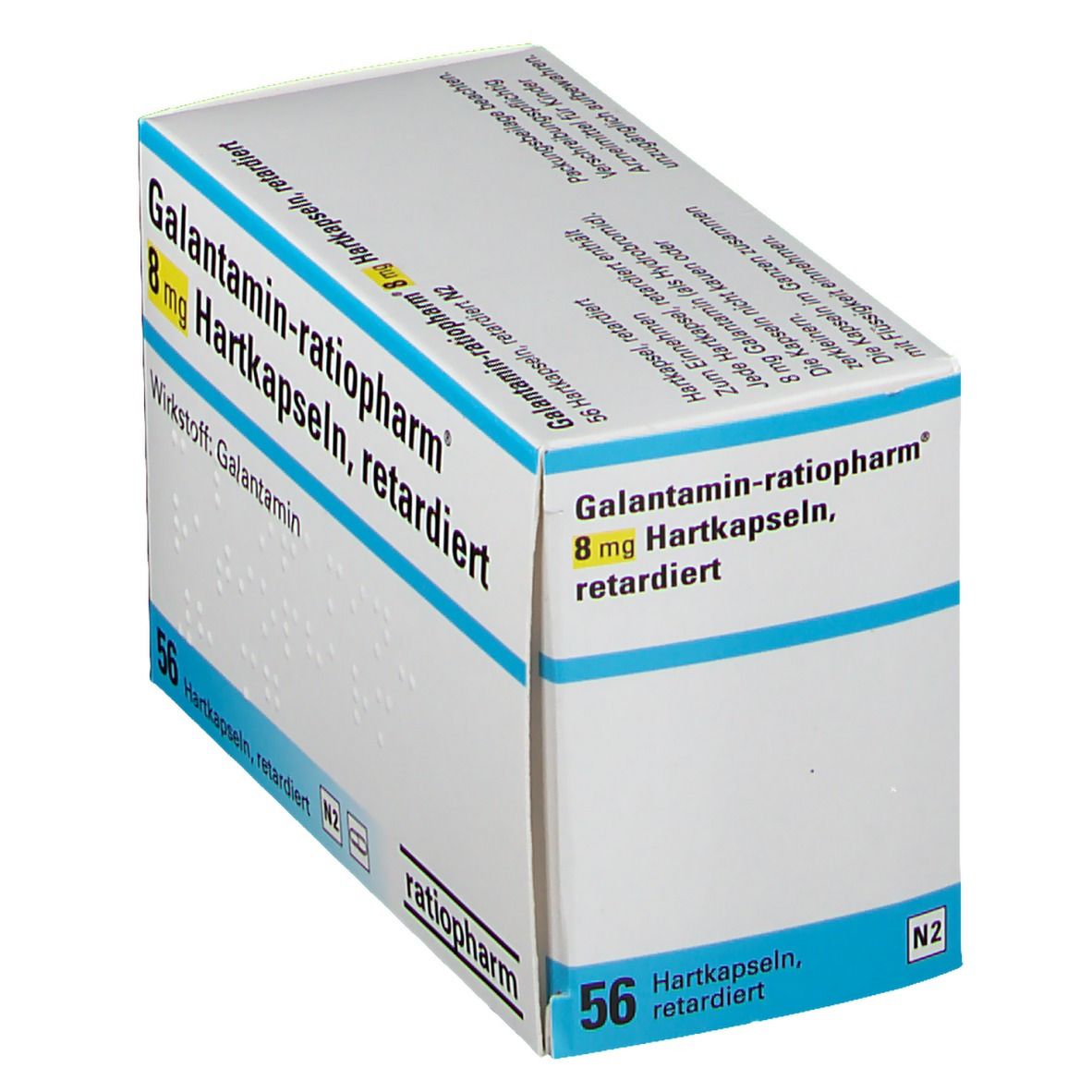 Schachtel mit Galantamin-ratiopharm® 8 mg Hartkapseln, retardiert. Aufschrift: 56 Hartkapseln. Marke: ratiopharm.