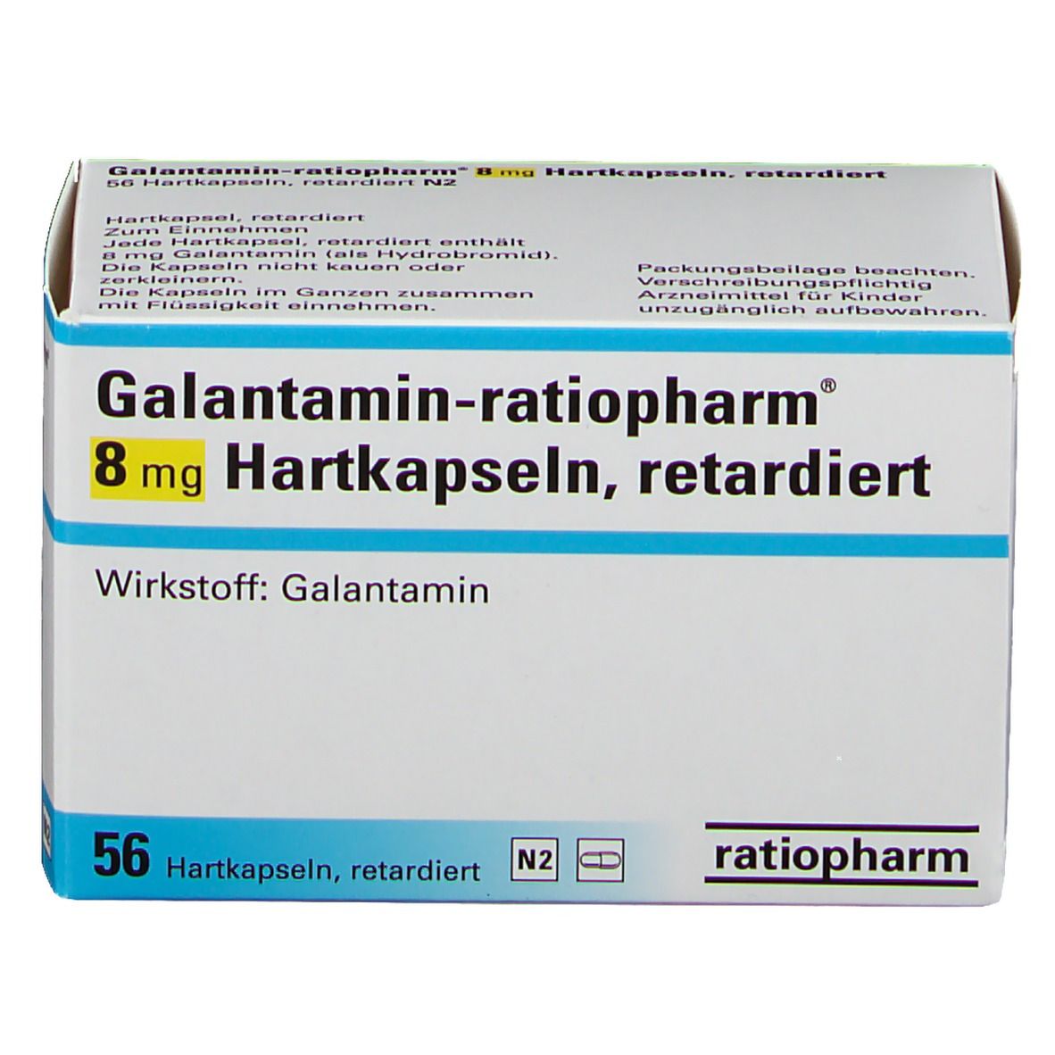 Schachtel mit Galantamin-ratiopharm® 8 mg Hartkapseln, retardiert. Aufschrift: 56 Hartkapseln. Marke: ratiopharm.