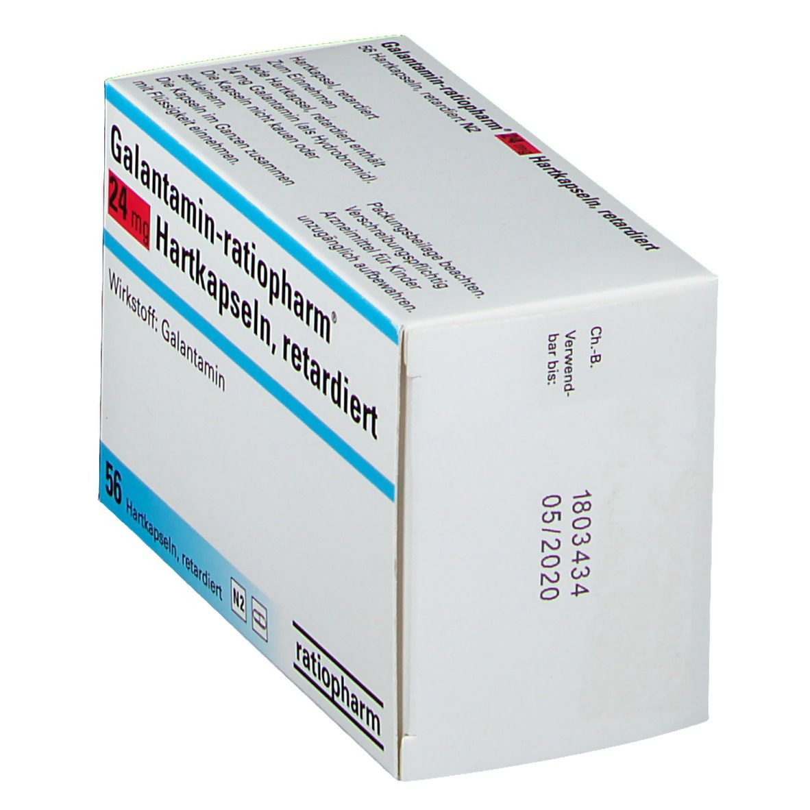 Schachtel Galantamin ratiopharm® 24 mg Hartkapseln retardiert. Aufschrift: 24 mg, 56 Hartkapseln. Verfallsdatum 05/2020. Marke ratiopharm.