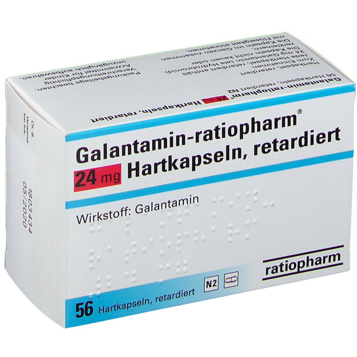 Schachtel Galantamin ratiopharm® 24 mg Hartkapseln retardiert. Aufschrift: 24 mg, 56 Hartkapseln. Marke ratiopharm. Weiß-blaue Verpackung.