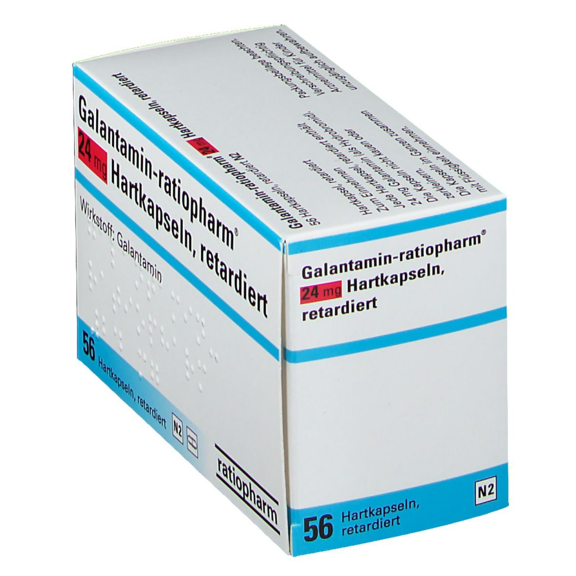 Schachtel Galantamin ratiopharm® 24 mg Hartkapseln retardiert. Aufschrift: 24 mg, 56 Hartkapseln. Marke ratiopharm. Weiß-blaue Verpackung.