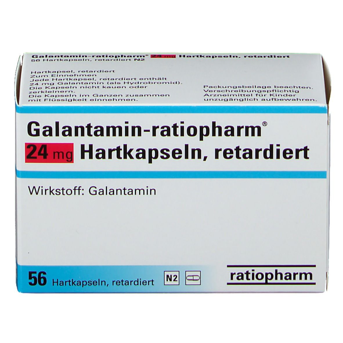 Schachtel Galantamin ratiopharm® 24 mg Hartkapseln retardiert. Aufschrift: 24 mg, 56 Hartkapseln. Marke ratiopharm. Weiß-blaue Verpackung.