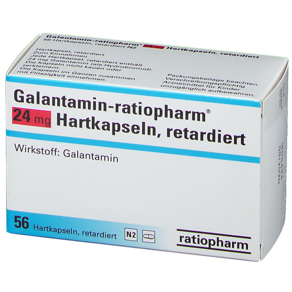 Schachtel Galantamin ratiopharm® 24 mg Hartkapseln retardiert. Aufschrift: 24 mg, 56 Hartkapseln. Marke ratiopharm. Weiß-blaue Verpackung.
