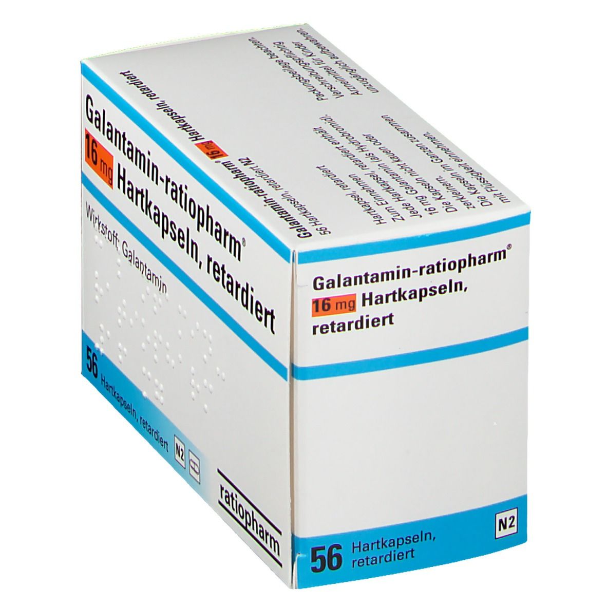 Weiße Faltschachtel mit Aufschrift Galantamin-ratiopharm® 16 mg Hartkapseln retardiert. 56 Hartkapseln. Logo ratiopharm.