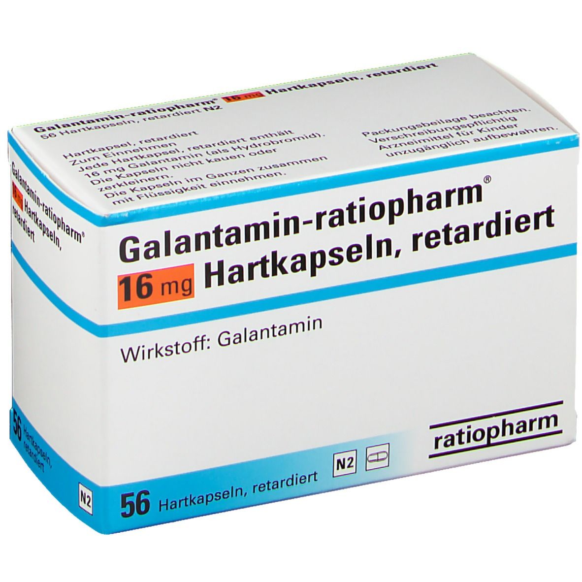 Weiße Faltschachtel mit Aufschrift Galantamin-ratiopharm® 16 mg Hartkapseln retardiert. 56 Hartkapseln. Logo ratiopharm.