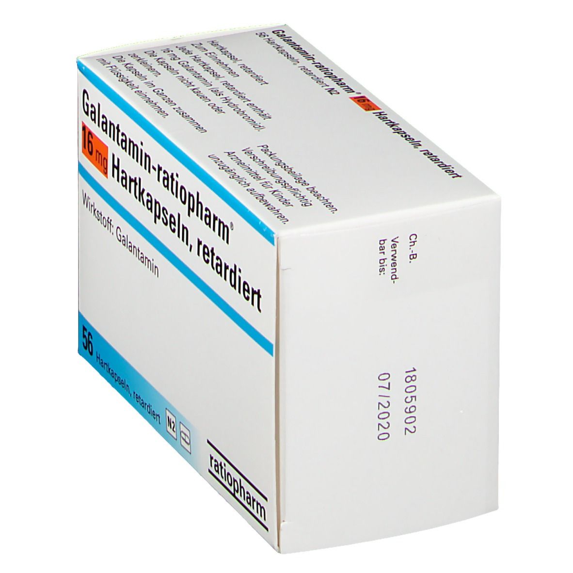 Weiße Faltschachtel mit Aufschrift Galantamin-ratiopharm® 16 mg Hartkapseln retardiert. 56 Hartkapseln. Logo ratiopharm.