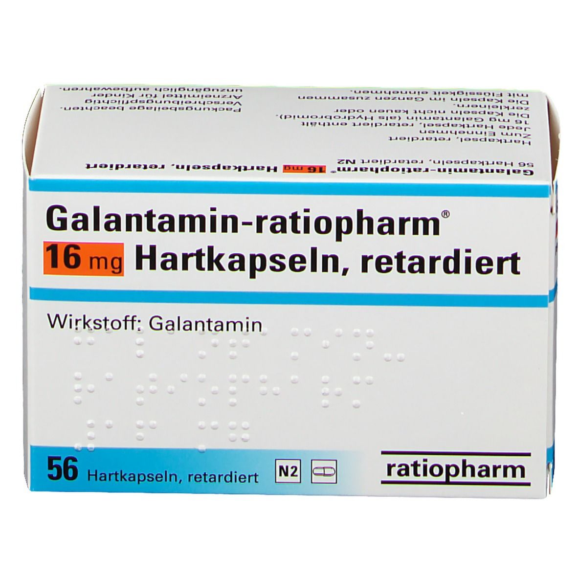 Weiße Faltschachtel mit Aufschrift Galantamin-ratiopharm® 16 mg Hartkapseln retardiert. 56 Hartkapseln. Logo ratiopharm.