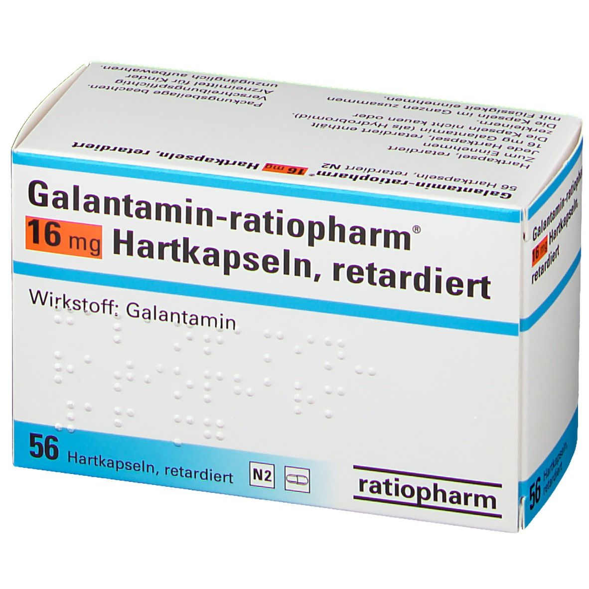 Weiße Faltschachtel mit Aufschrift Galantamin-ratiopharm® 16 mg Hartkapseln retardiert. 56 Hartkapseln. Logo ratiopharm.