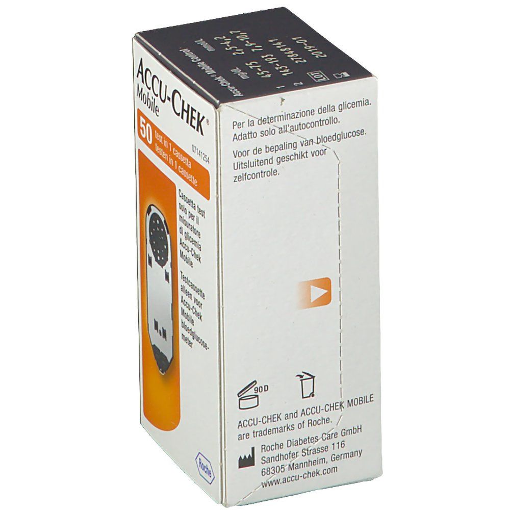 Schachtel mit ACCU-CHEK Mobile Testkassette. Text in Deutsch, Italienisch, Französisch und Niederländisch. Herstellerinformationen und Logo.