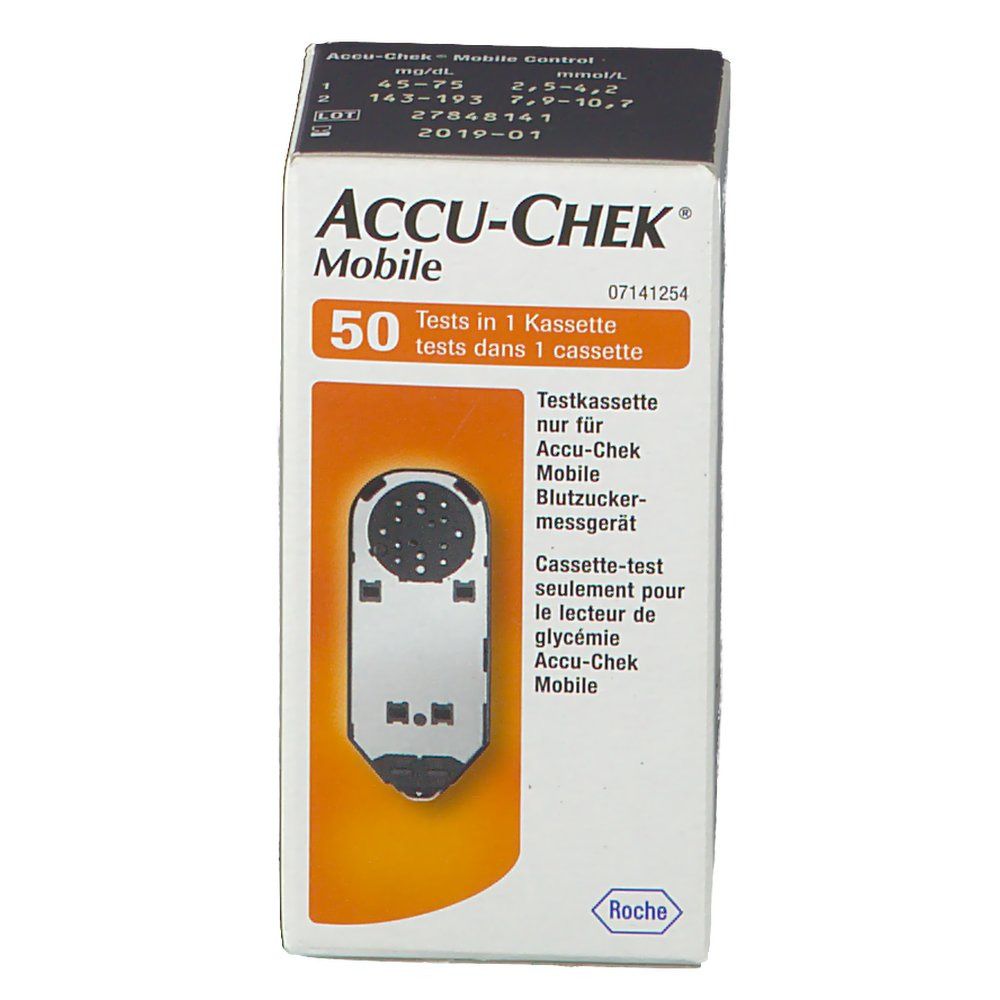 Schachtel mit ACCU-CHEK Mobile Testkassette. 50 Tests. Produktbezeichnung und Herstellerlogo. Text in Deutsch, Italienisch, Französisch und Niederländisch.