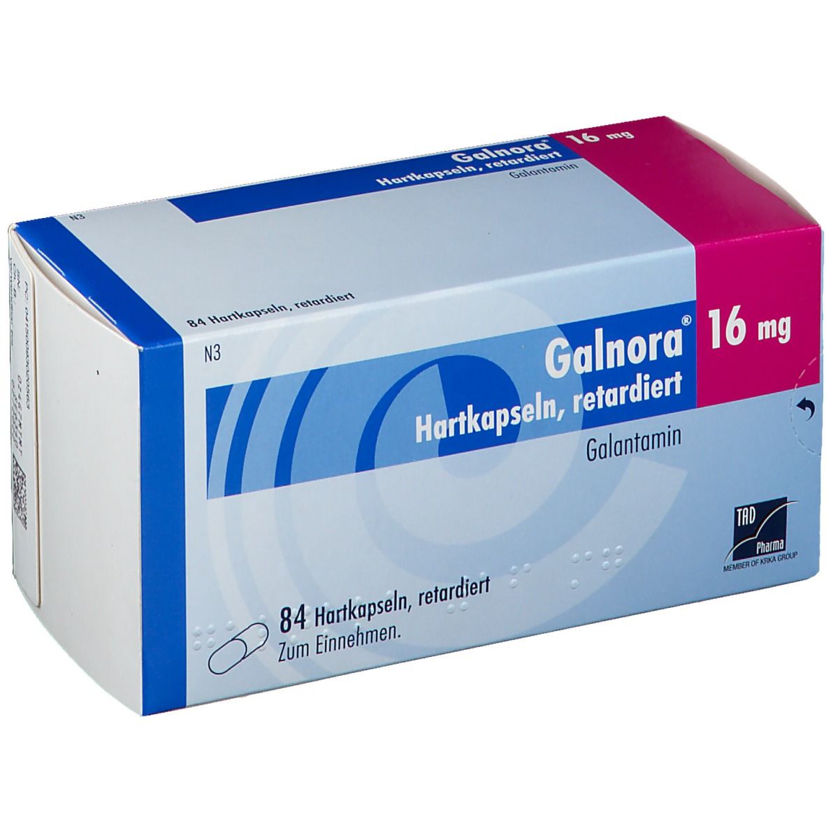 Schachtel mit GALNORA 16 mg Hartkapseln retardiert. Blaue und rosa Akzente. Enthält 84 Kapseln.