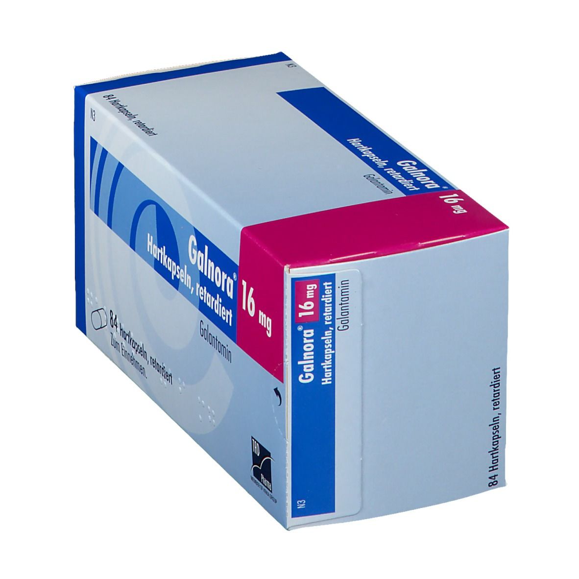 Schachtel GALNORA 16 mg Hartkapseln retardiert. Blaue und rosa Akzente. Seitenansicht.