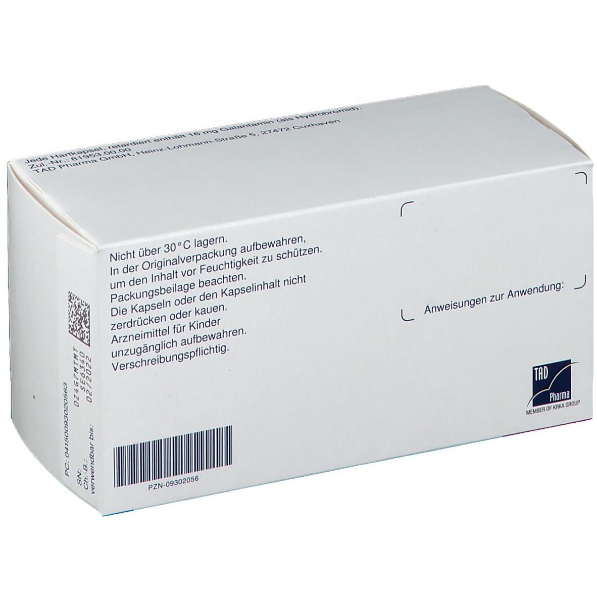 Rückseite der Schachtel GALNORA 16 mg Hartkapseln retardiert. Text und Barcode.