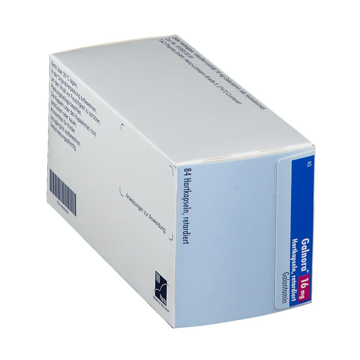 Schachtel GALNORA 16 mg Hartkapseln retardiert. Seitenansicht mit Text.