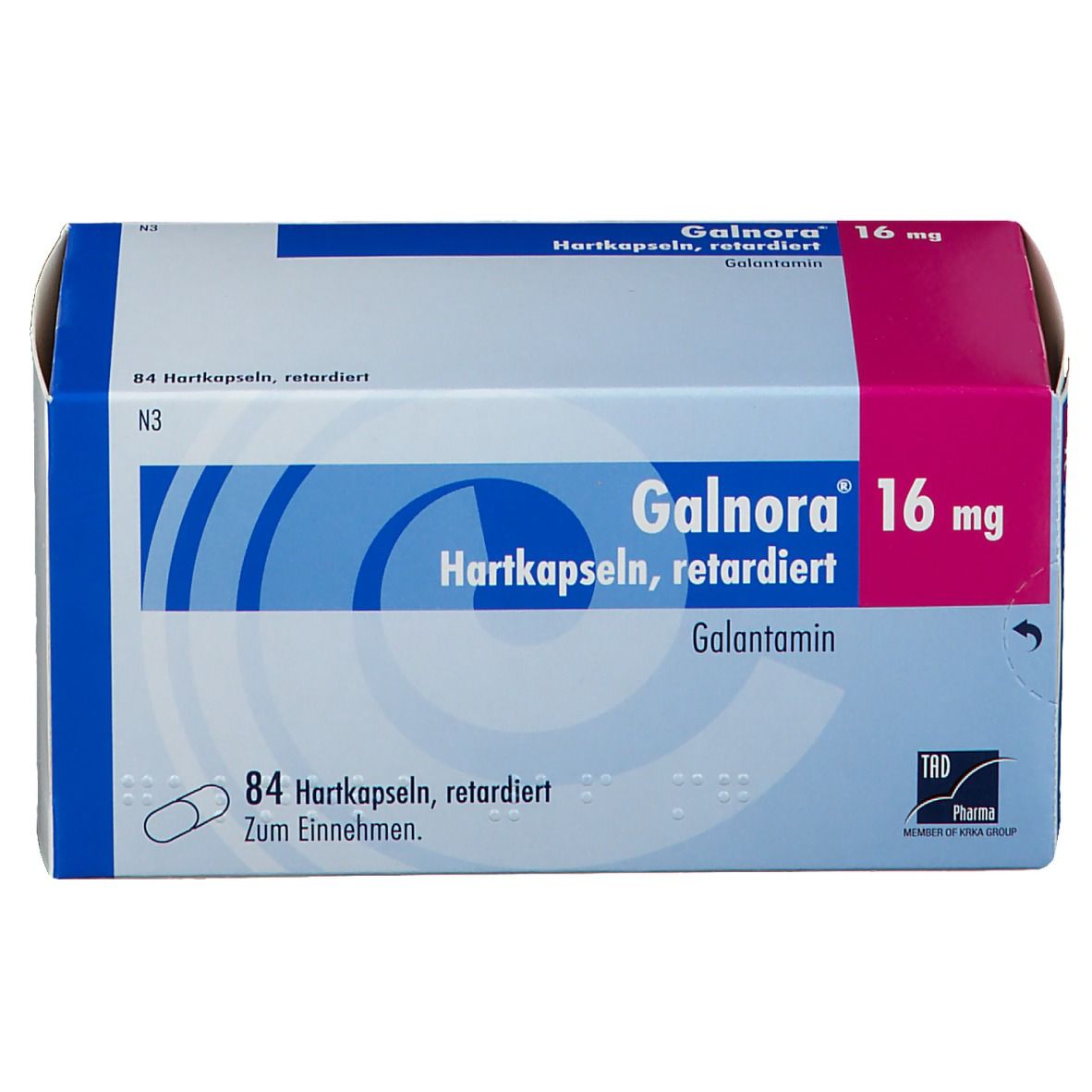 Schachtel GALNORA 16 mg Hartkapseln retardiert. Vorderansicht. Enthält 84 Kapseln.