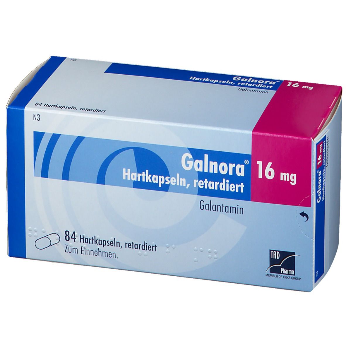 Schachtel GALNORA 16 mg Hartkapseln retardiert. Vorderansicht. Enthält 84 Kapseln.