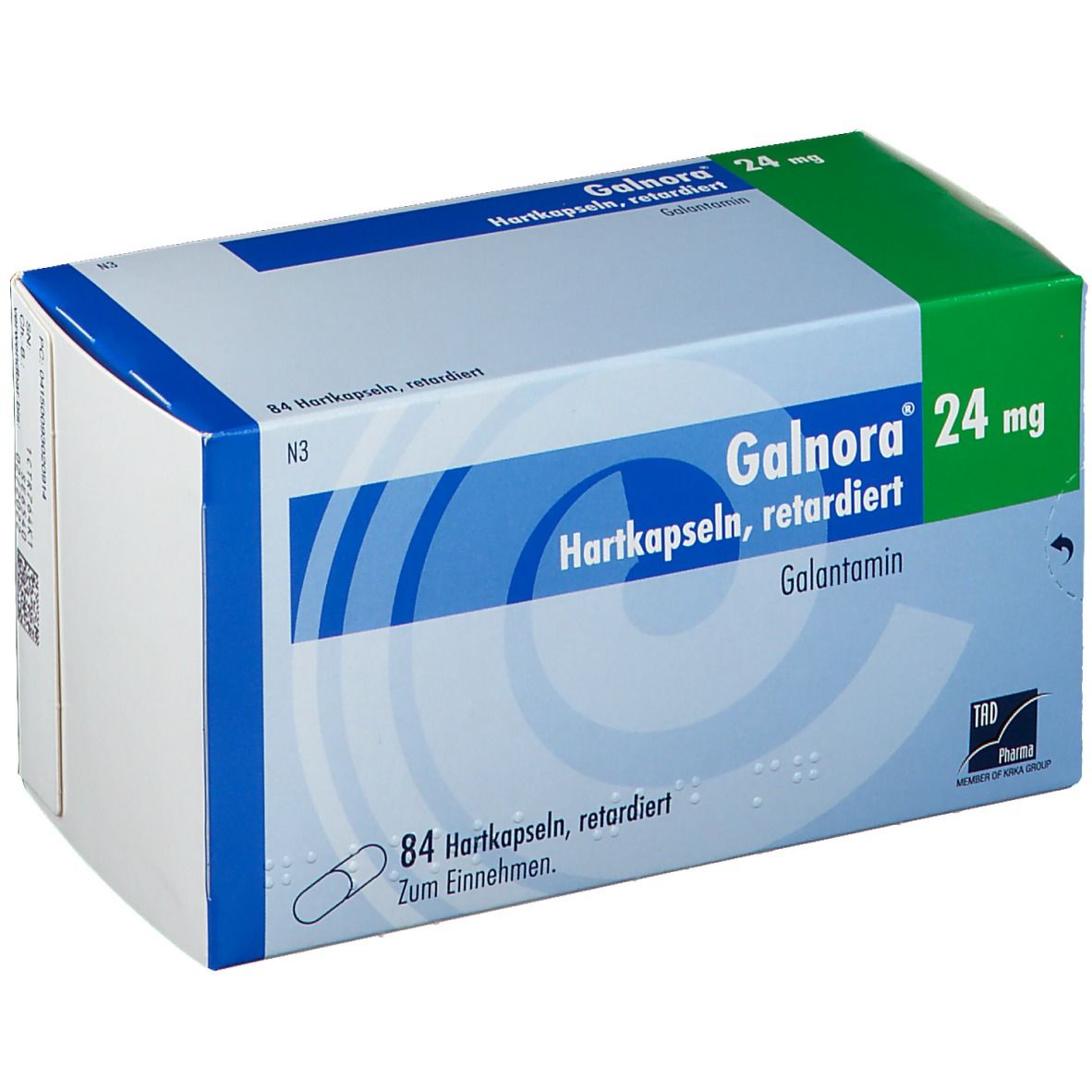 Schachtel mit Galnora 24 mg Hartkapseln retardiert. Blaue, weiße und grüne Verpackung. 84 Kapseln. Galantamin.