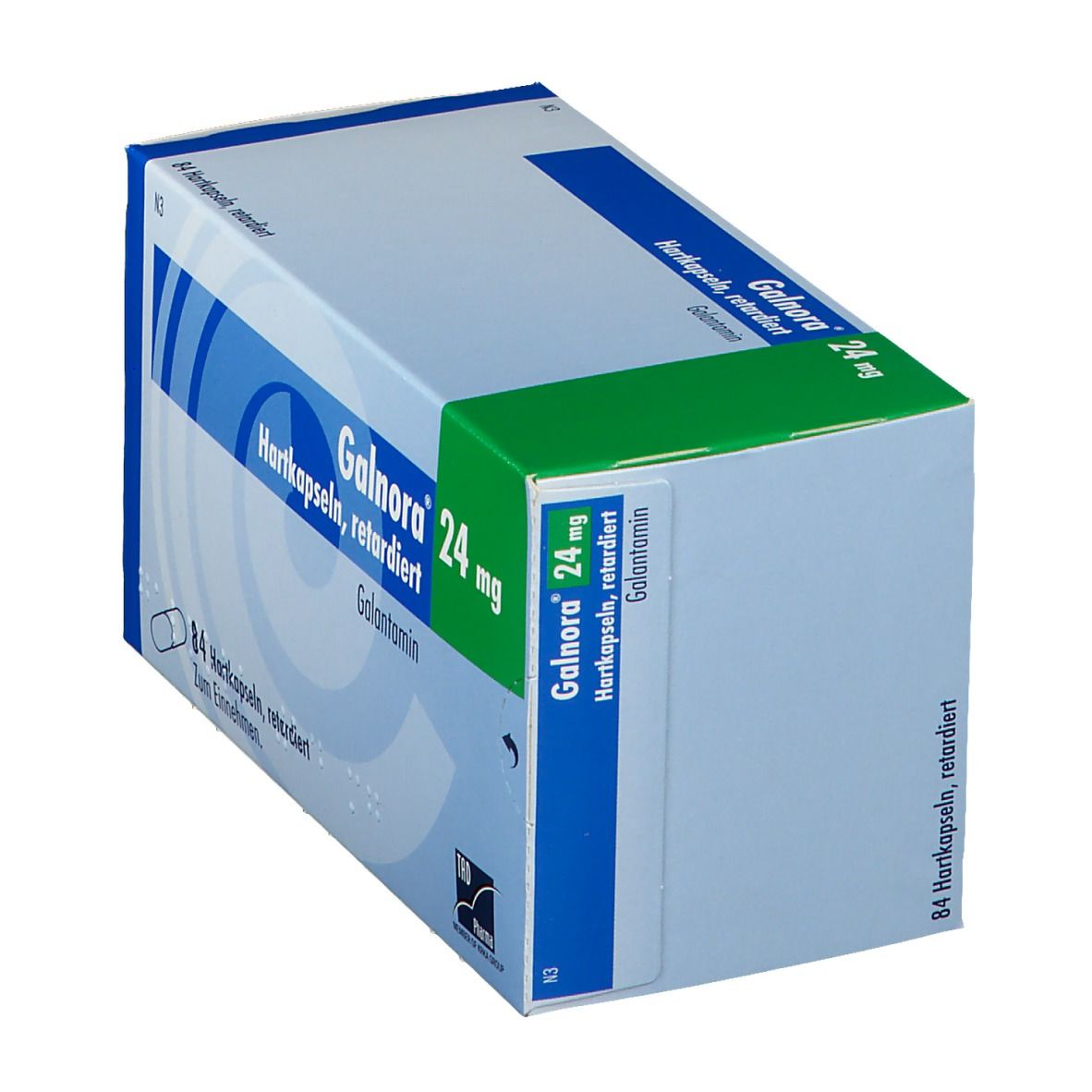 Schachtel mit Galnora 24 mg Hartkapseln retardiert. Blaue, weiße und grüne Verpackung. 84 Kapseln. Galantamin.