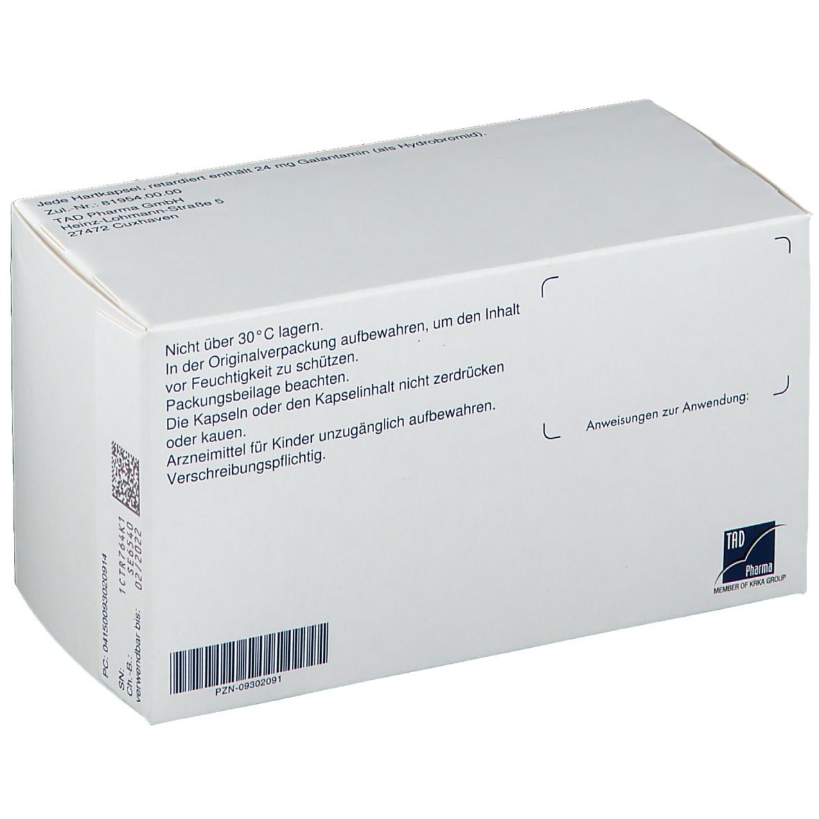 Rückseite der Schachtel mit Galnora 24 mg Hartkapseln retardiert. Textinformationen und Barcode. Herstellerinformationen.