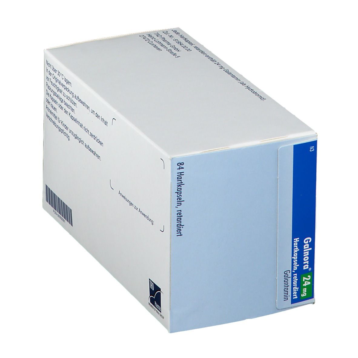 Schachtel mit Galnora 24 mg Hartkapseln retardiert. Blaue, weiße und grüne Verpackung. 84 Kapseln. Galantamin.