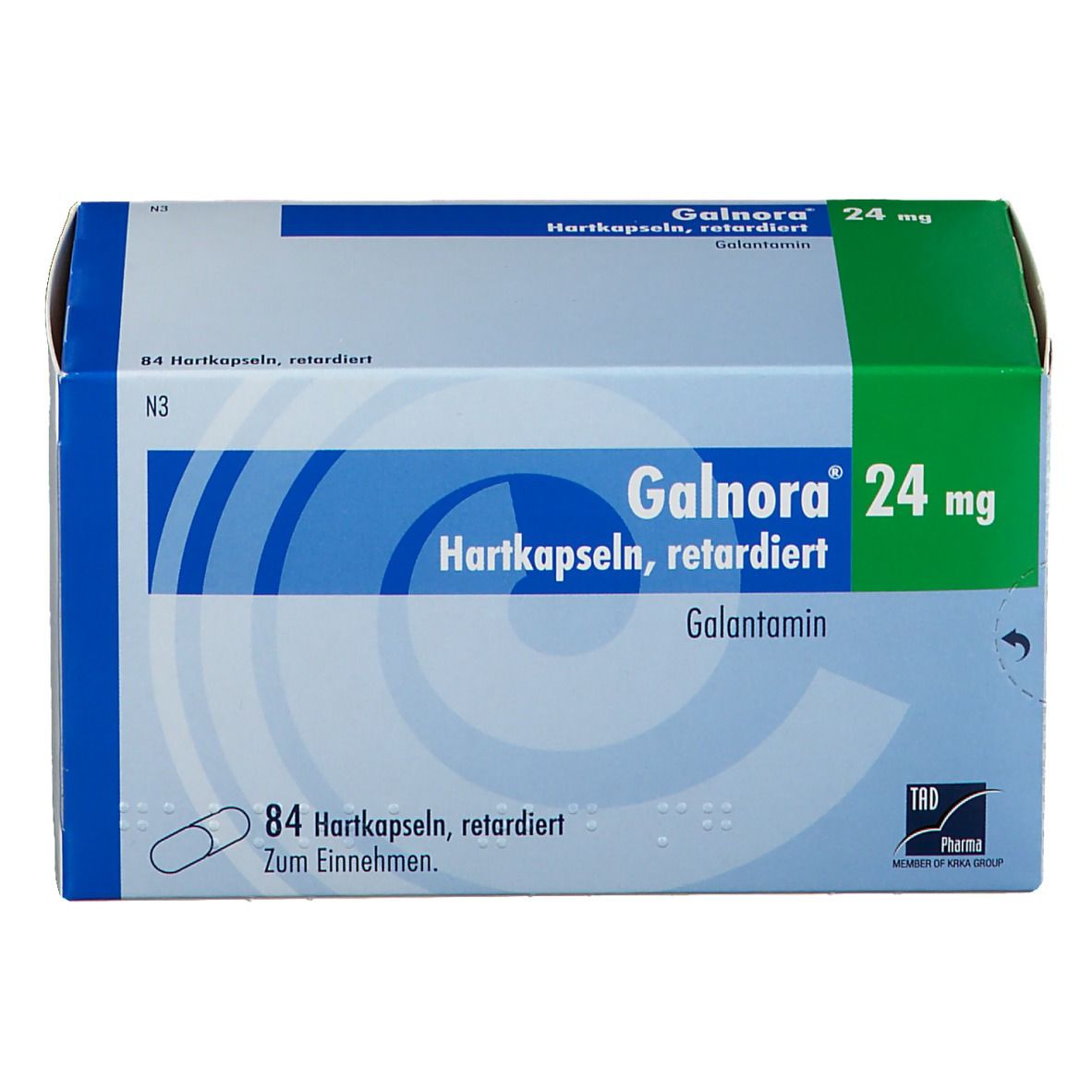 Schachtel mit Galnora 24 mg Hartkapseln retardiert. Blaue, weiße und grüne Verpackung. 84 Kapseln. Galantamin.