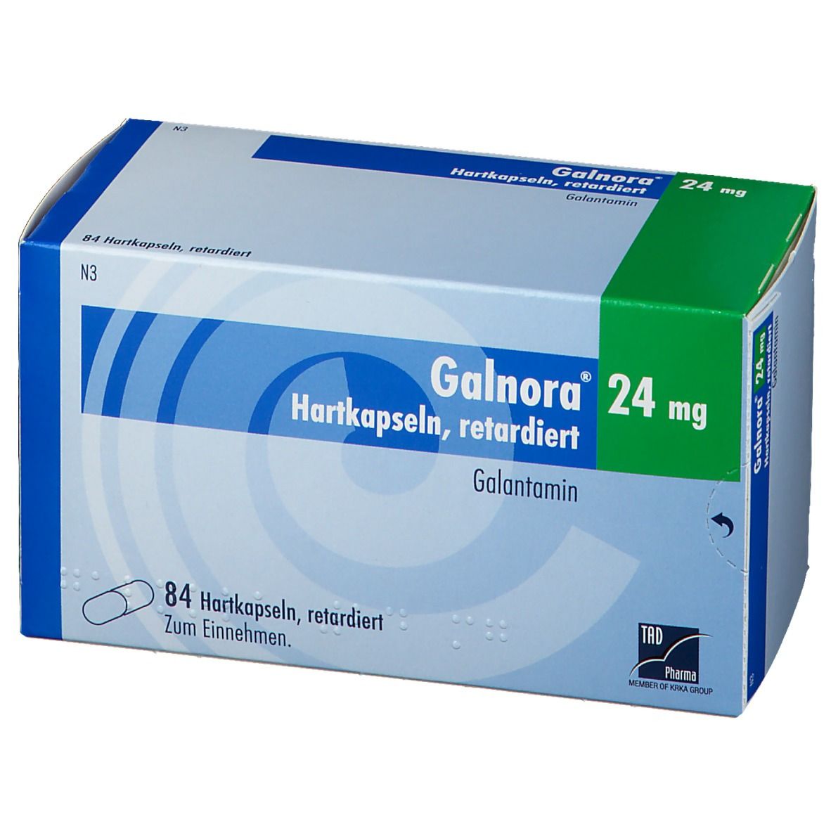 Schachtel mit Galnora 24 mg Hartkapseln retardiert. Blaue, weiße und grüne Verpackung. 84 Kapseln. Galantamin.