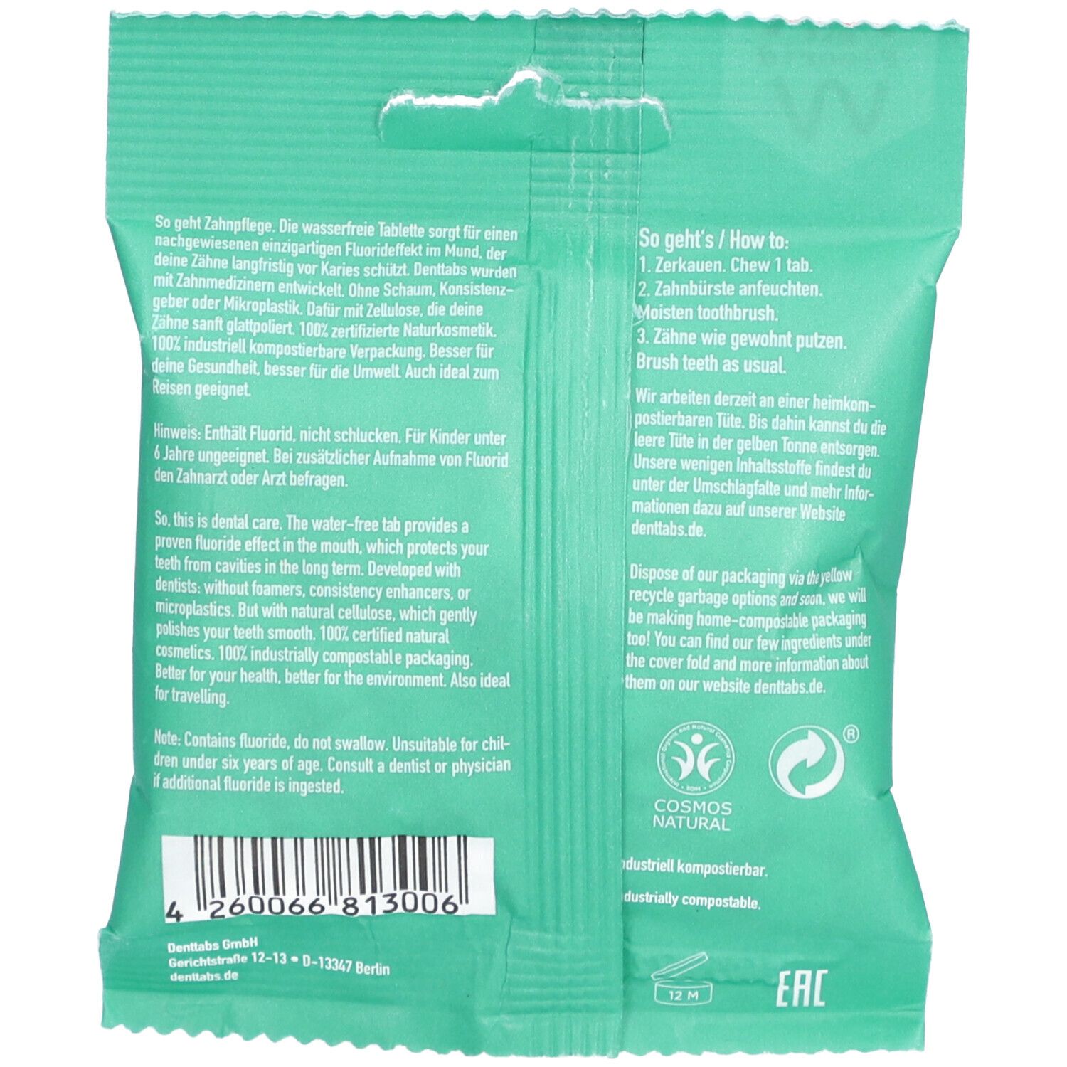 Denttabs Natural Toothpaste Tablets with Fluoride Zahnpasta mit Fluor in Tablettenform Mint 125 TABL