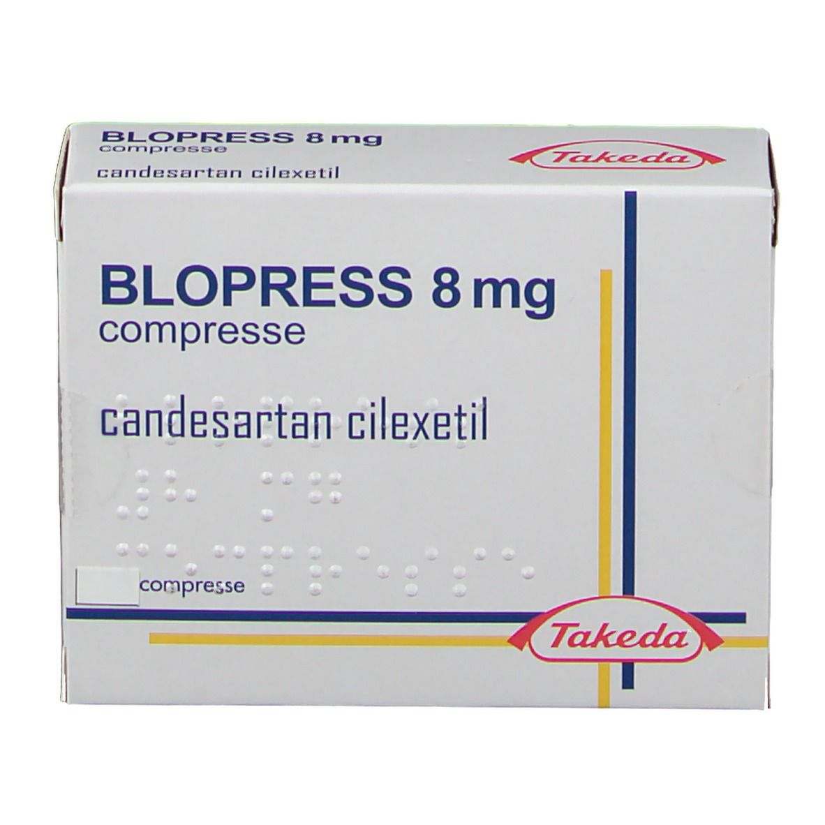 Blopress 8 mg Tablettenpackung. Aufschrift: candesartan cilexetil, Takeda Logo. Weiße Schachtel mit blauer und gelber Linie.