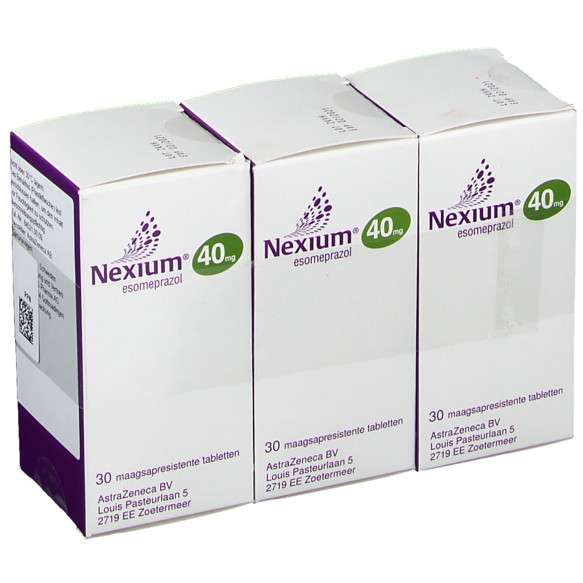 Drei Packungen Nexium 40 mg Tabletten. Weiße Schachteln mit lila Akzenten und Produktinformationen. Einzelverpackung.