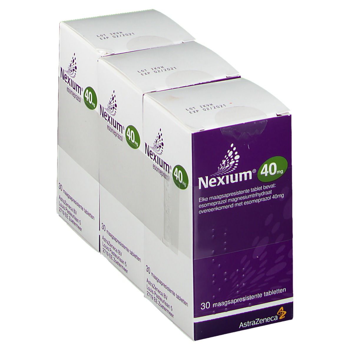 Drei Packungen Nexium 40 mg Tabletten. Weiße Schachteln mit lila Akzenten und Produktinformationen. Ansicht von oben.