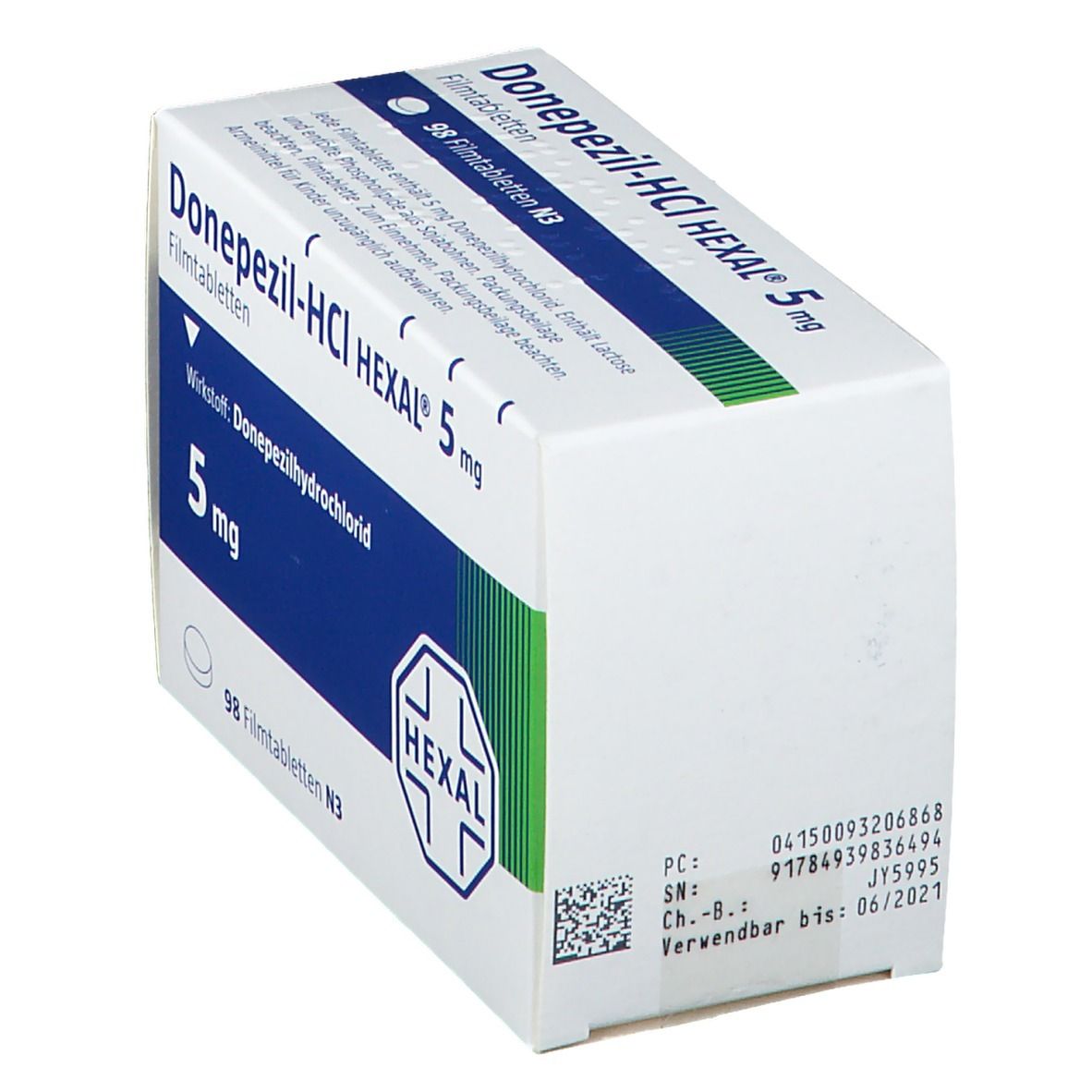Schachtel mit DONEPEZIL-HCL HEXAL 5 mg Filmtabletten. Aufschrift: 5 mg, HEXAL-Logo. Enthält 98 Filmtabletten. Weiße Verpackung mit blauen und grünen Akzenten.