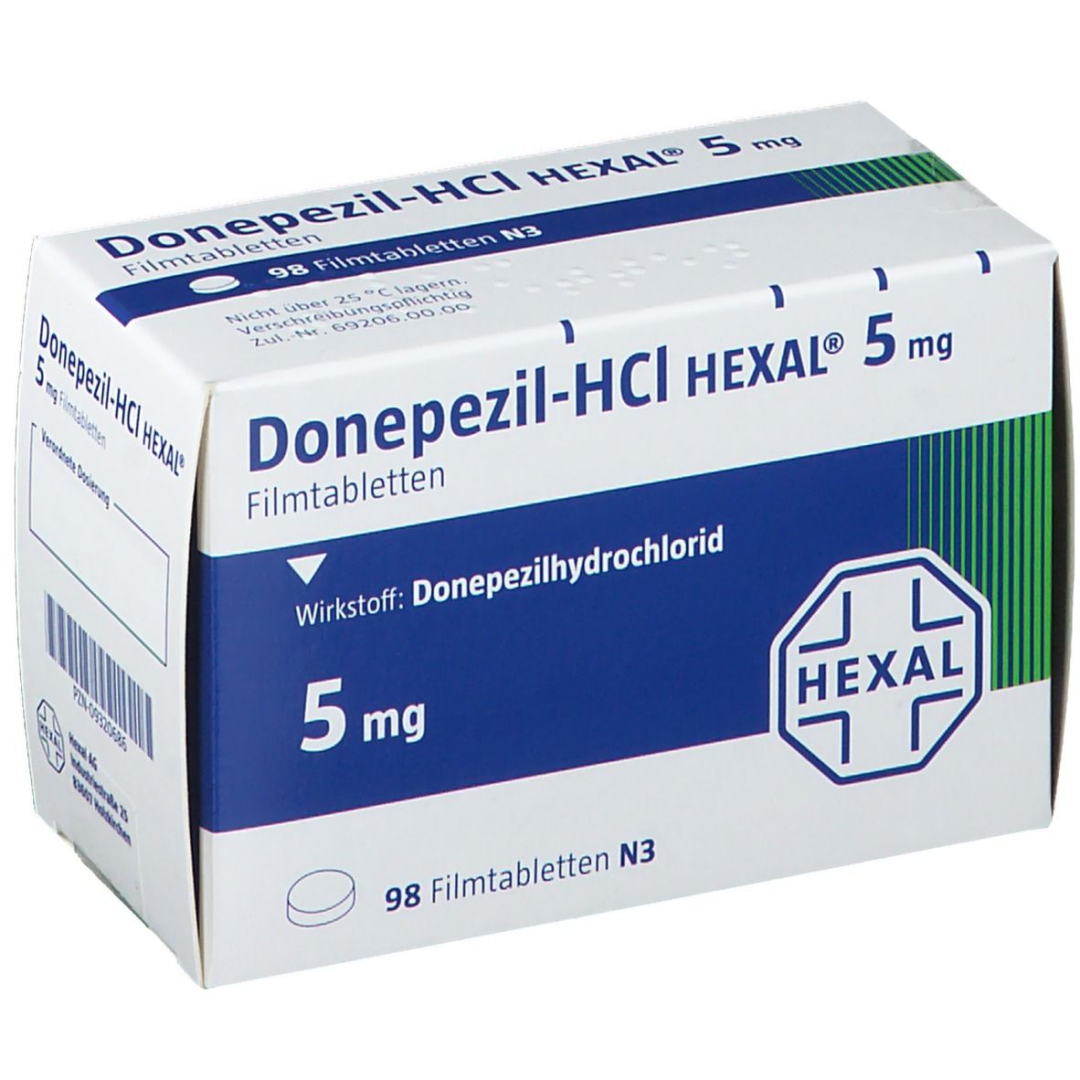 Schachtel DONEPEZIL-HCL HEXAL 5 mg Filmtabletten. Aufschrift: 5 mg, HEXAL-Logo. Enthält 98 Filmtabletten. Weiße Verpackung mit blauen und grünen Akzenten.