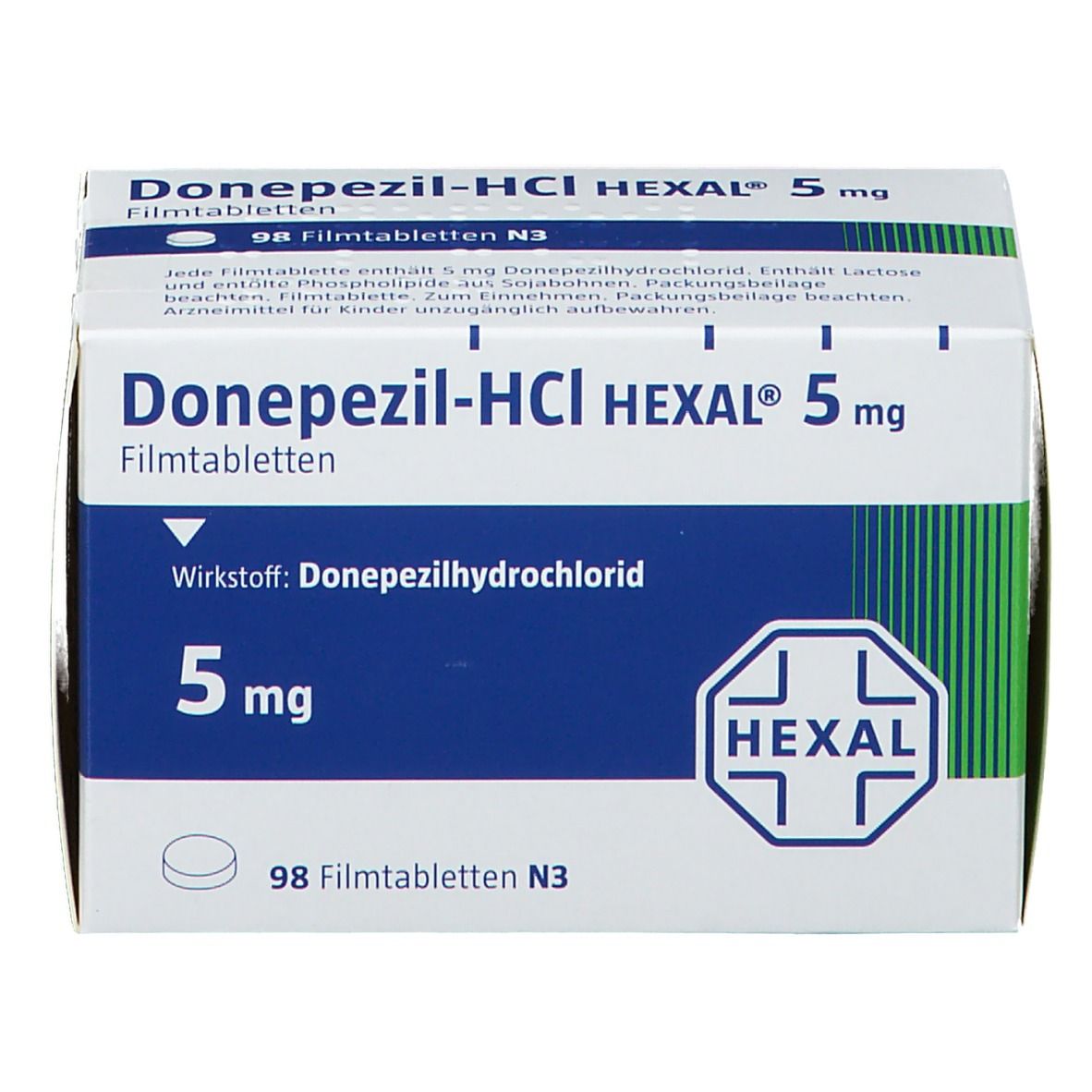 Schachtel DONEPEZIL-HCL HEXAL 5 mg Filmtabletten. Aufschrift: 5 mg, HEXAL-Logo. Enthält 98 Filmtabletten. Weiße Verpackung mit blauen und grünen Akzenten.