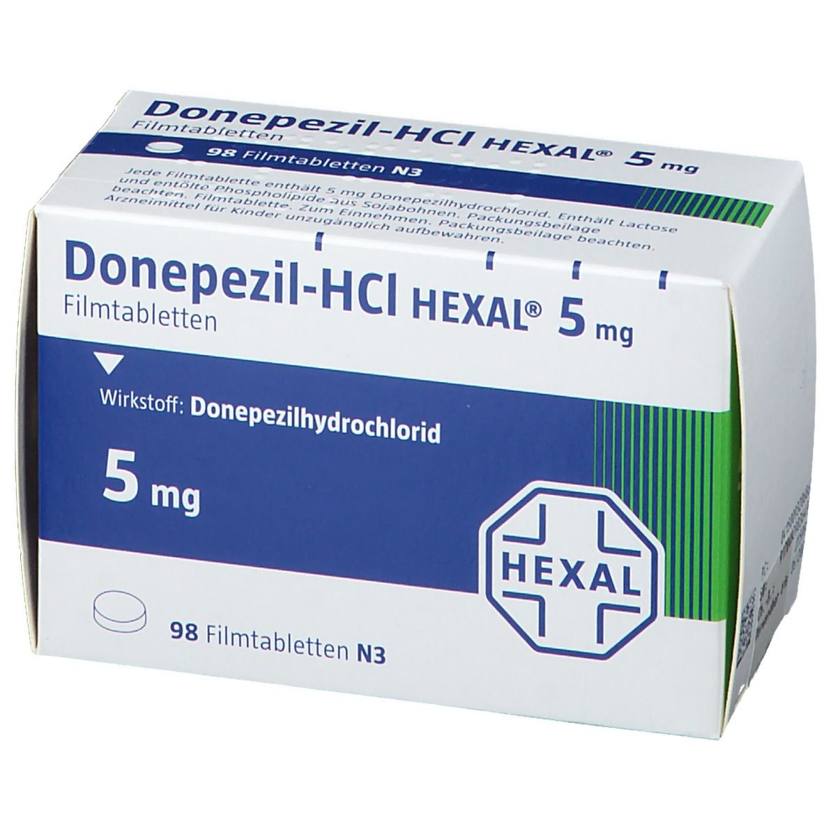 Schachtel DONEPEZIL-HCL HEXAL 5 mg Filmtabletten. Aufschrift: 5 mg, HEXAL-Logo. Enthält 98 Filmtabletten. Weiße Verpackung mit blauen und grünen Akzenten.