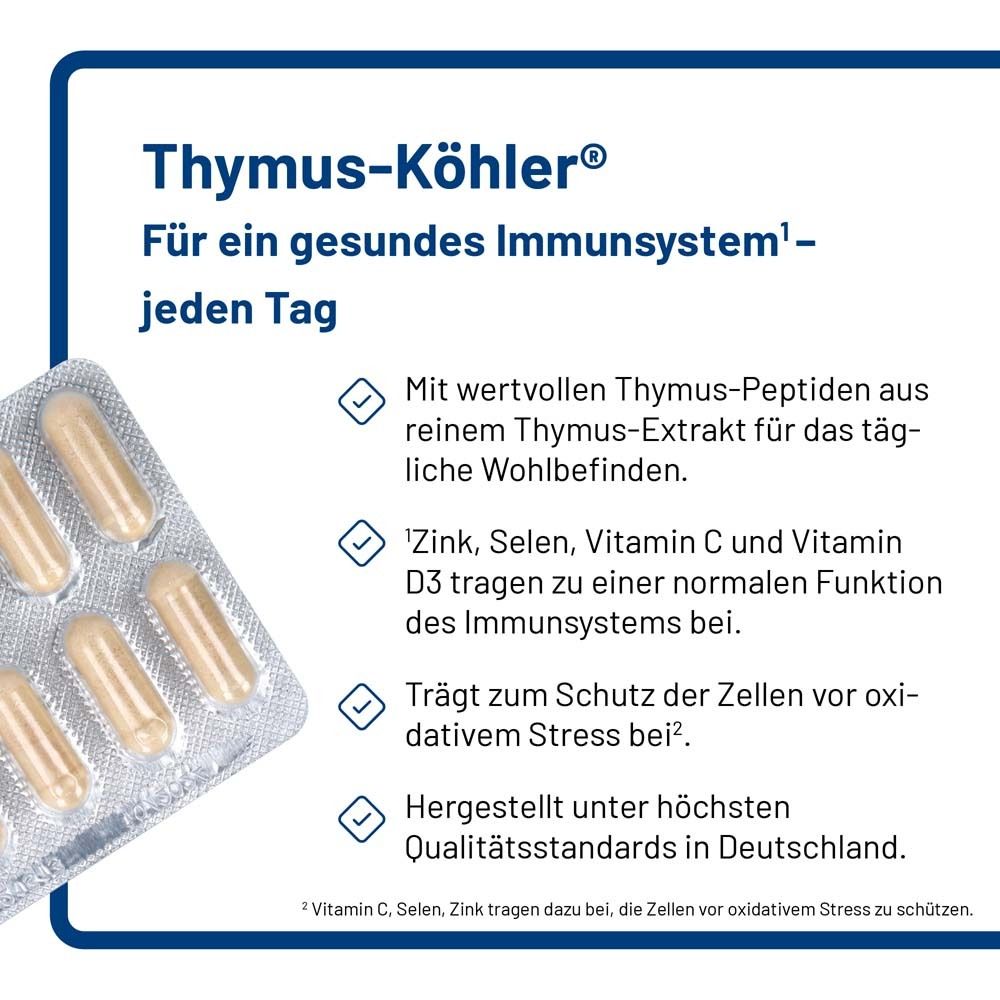 Blisterpackung mit Kapseln. Text: Thymus-Köhler. Zink, Selen, Vitamin C und D3. Hergestellt in Deutschland.