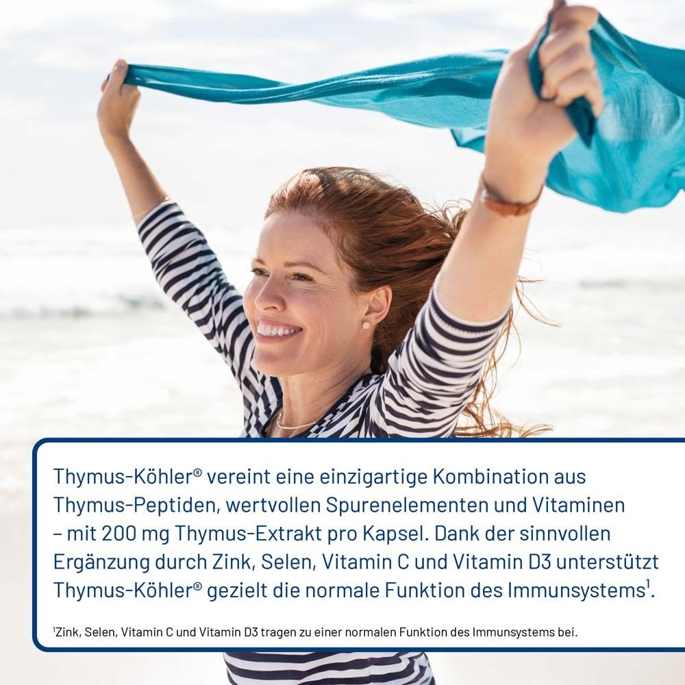 Frau am Strand hält Stoff. Text: Thymus-Köhler. Enthält Thymus-Peptide, Spurenelemente und Vitamine.