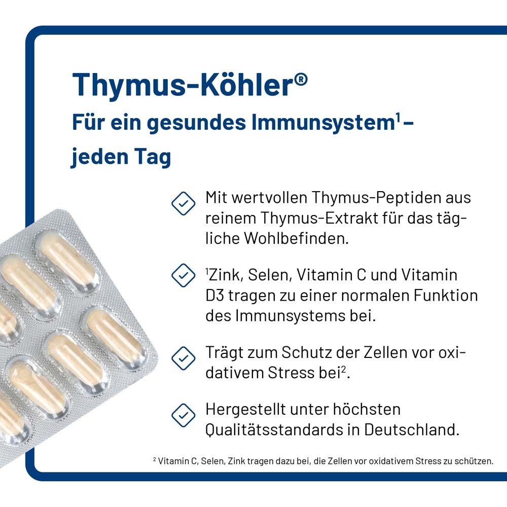 Blisterpackung mit Kapseln. Text: Thymus-Köhler. Für ein gesundes Immunsystem. Enthält Thymus-Peptide, Zink, Selen, Vitamine.