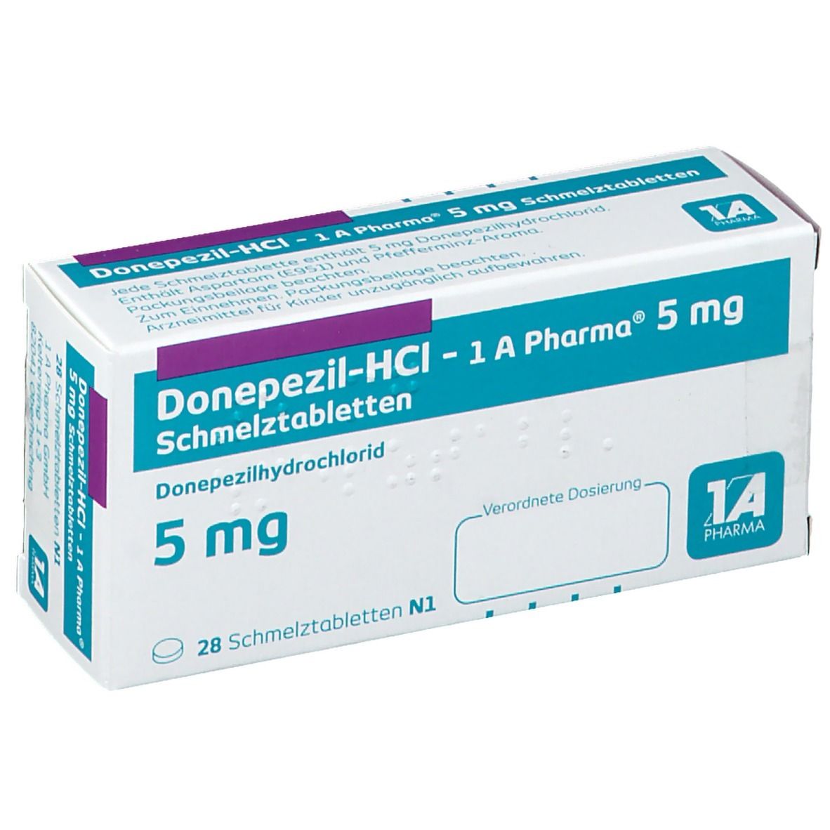 Schachtel mit "Donepezil-HCI - 1 A Pharma 5 mg Schmelztabletten". Weiße Schachtel mit blauen und violetten Akzenten. Text in Deutsch.